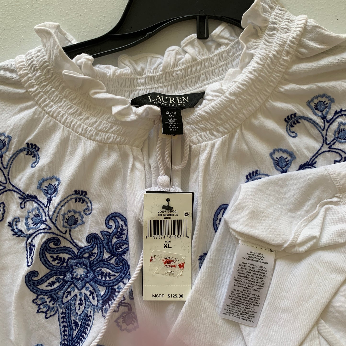 Lauren Ralph Lauren womens NWT blue Embroidery white short sleeve shirt size XL