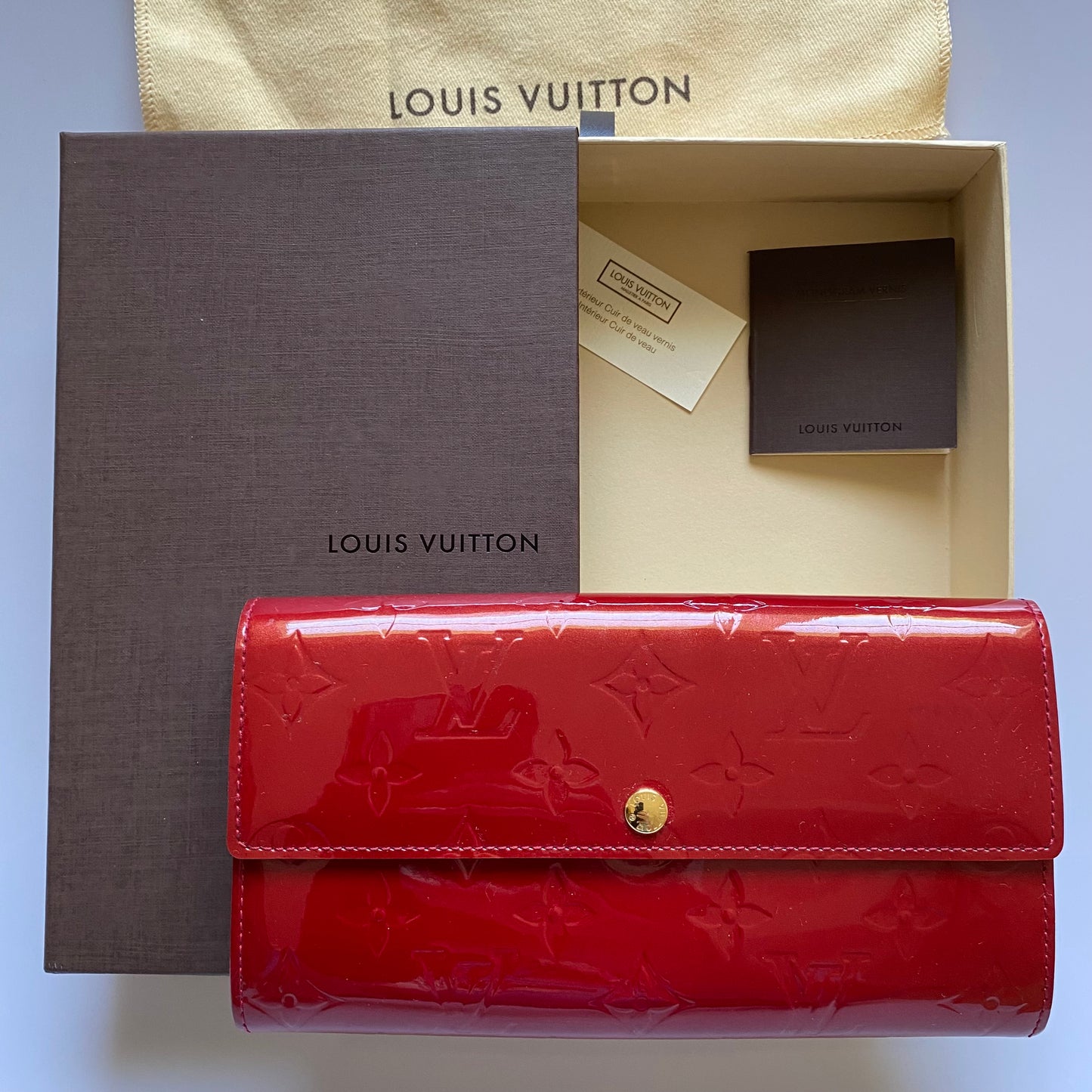 Louis Vuitton red monogram vernis long wallet IR0123 Authentic with COA box dusty