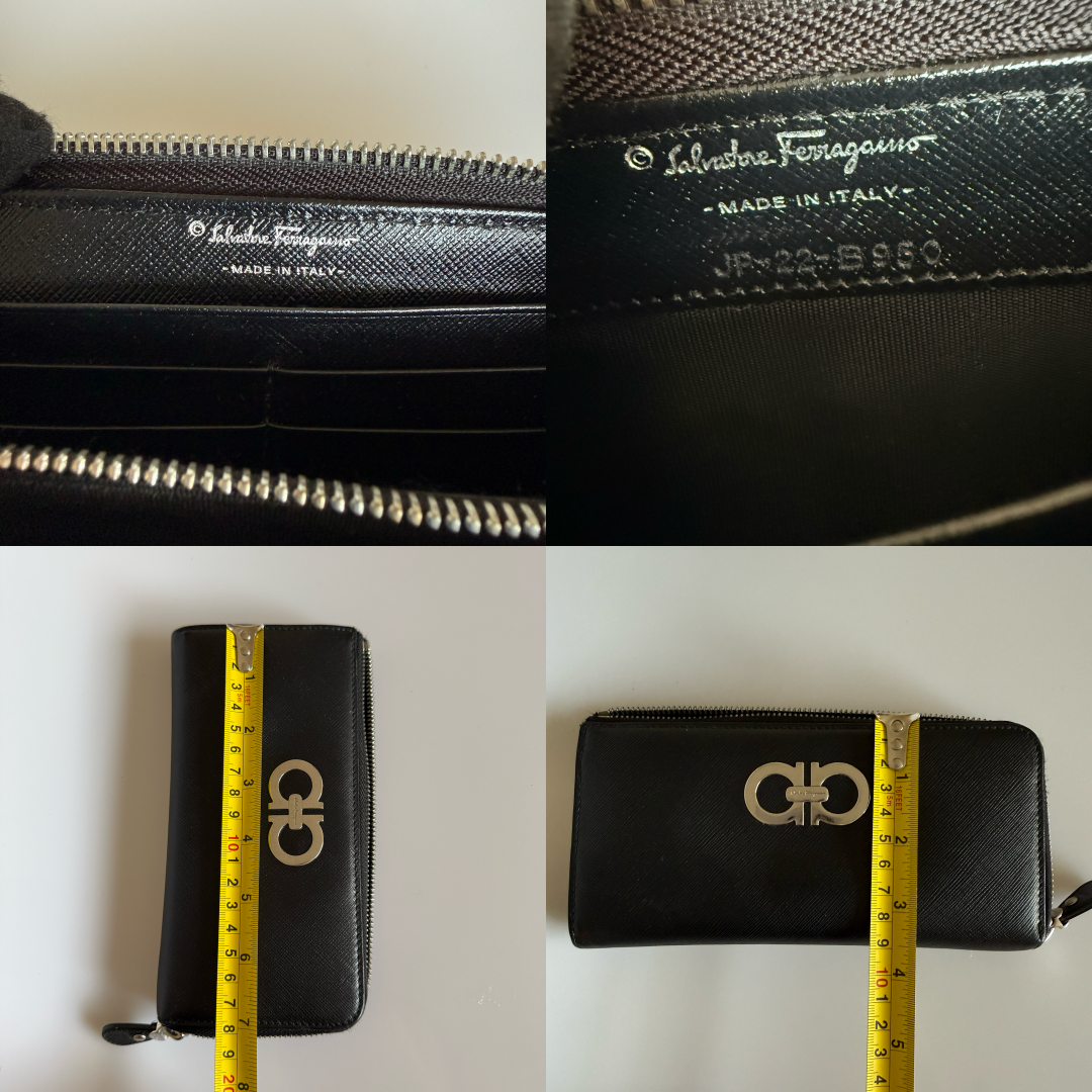 Salvatore Ferragamo Gancini black leather long zip around wallet authentic with COA