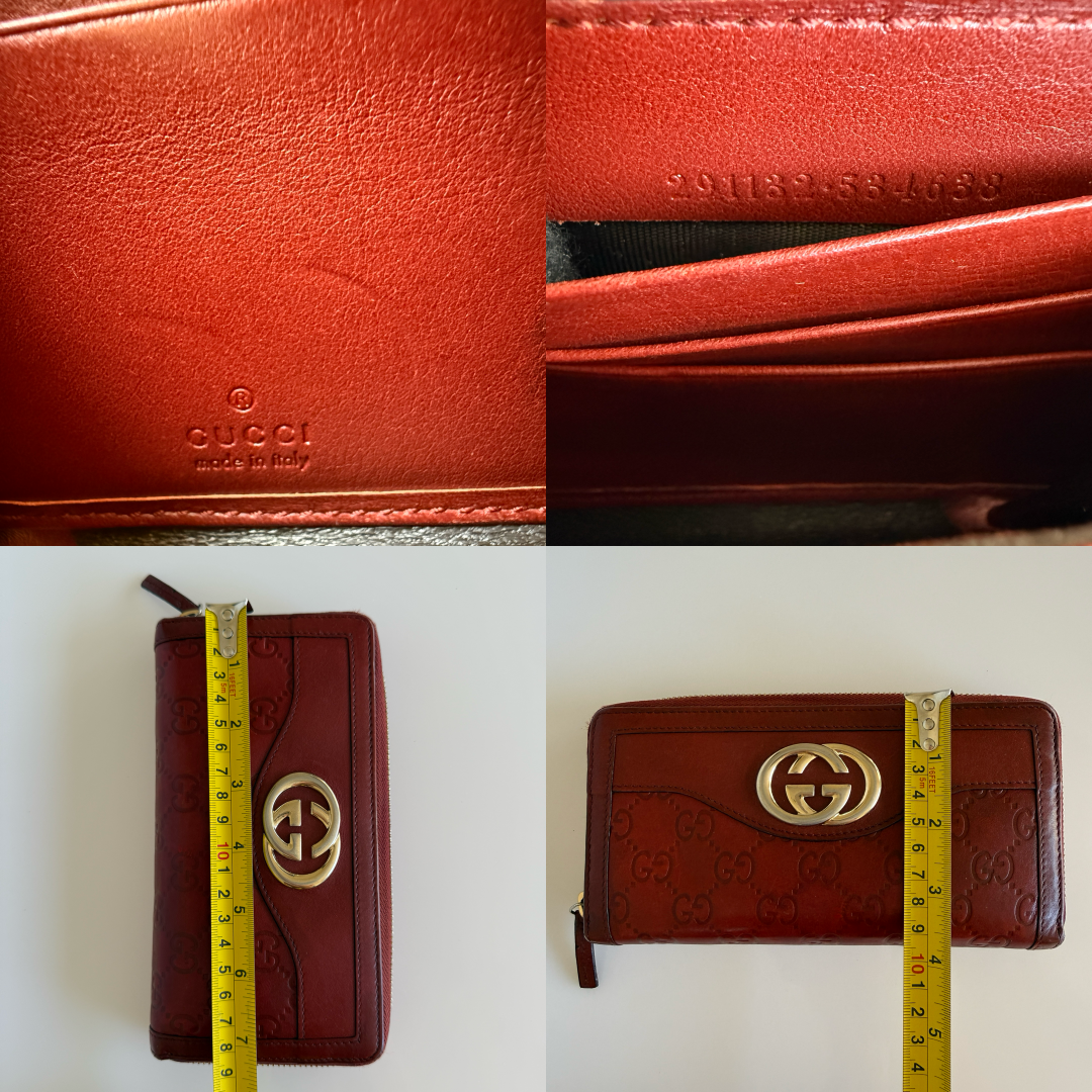 Gucci monogram dark red leather zip around wallet authentic with COA