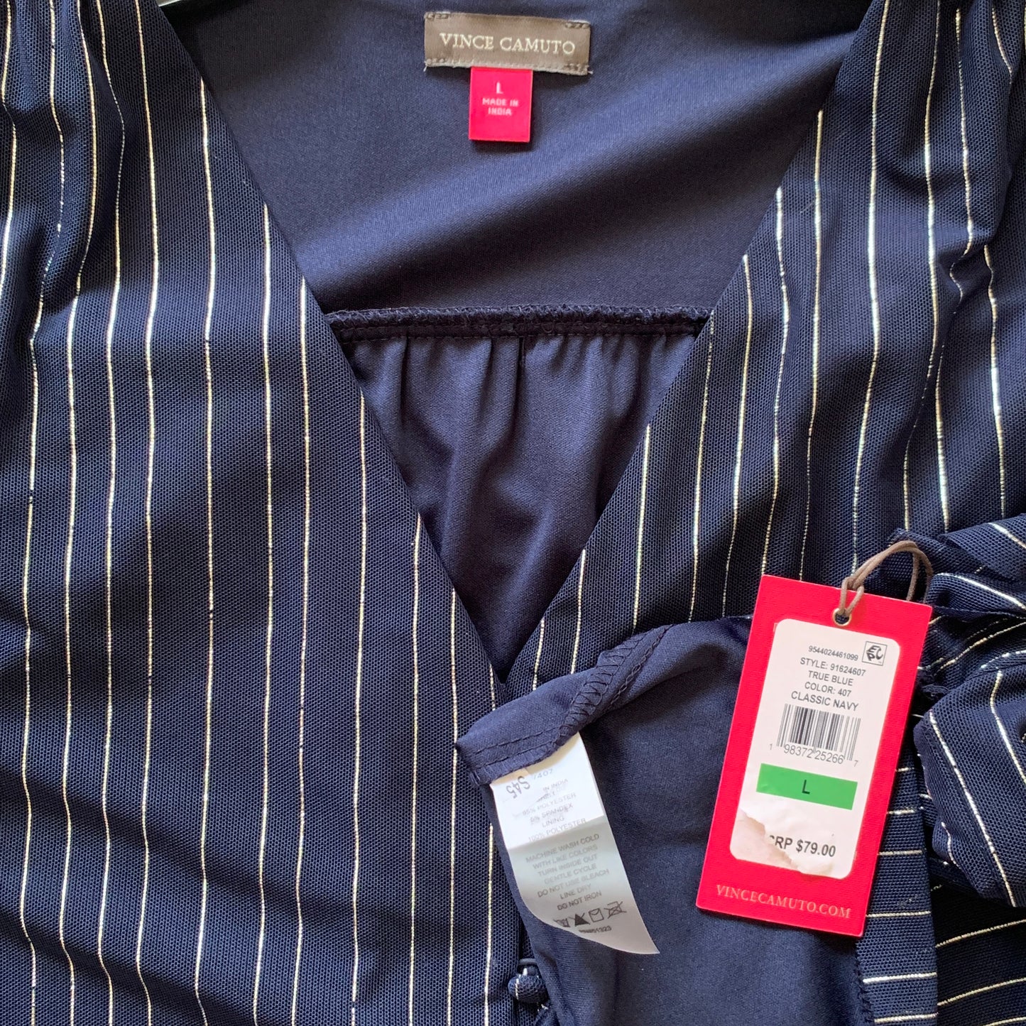 Vince Camuto Womens NWT navy blue & silver striped blouse size large