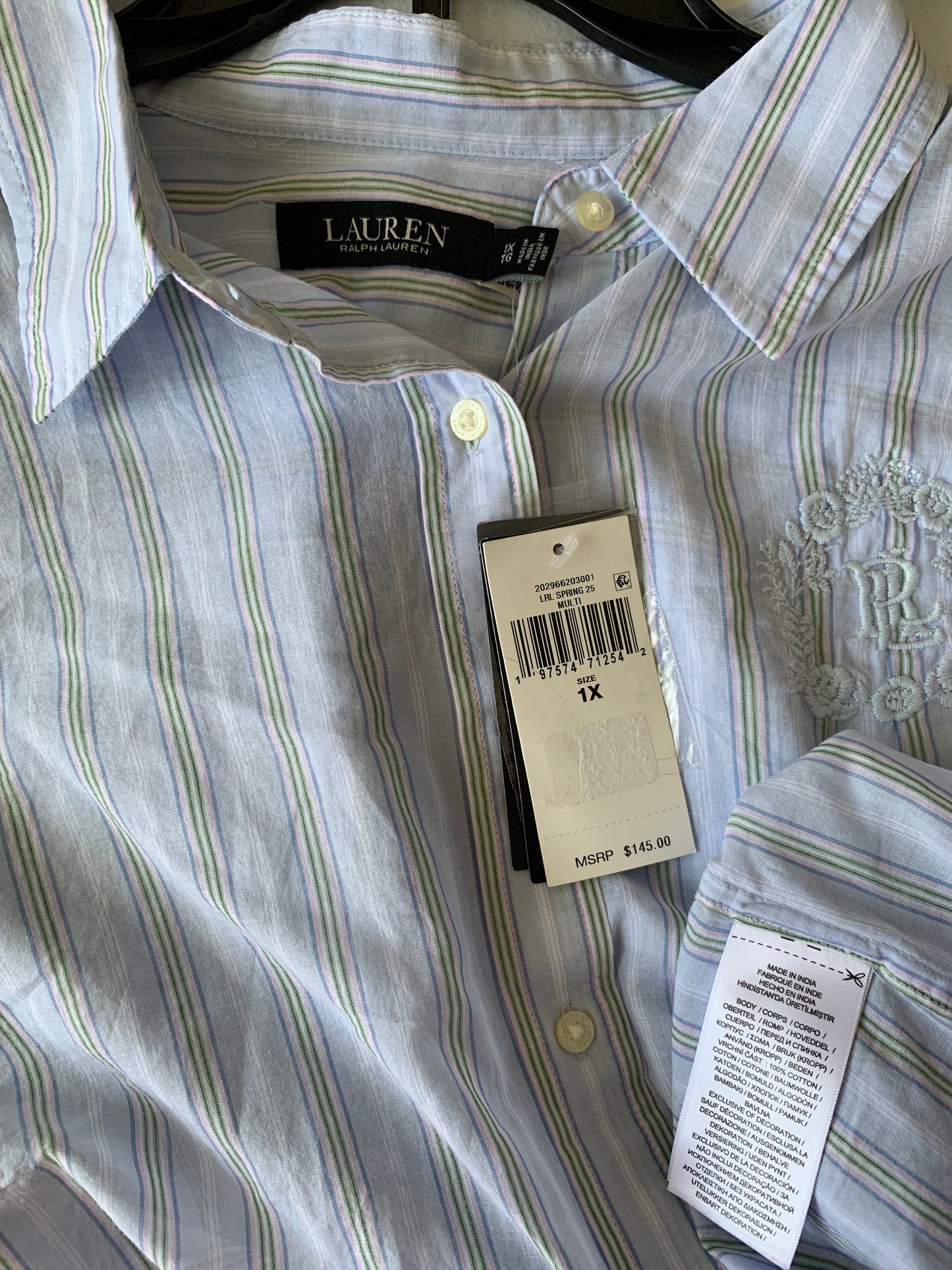 Lauren Ralph Lauren Women’s NWT plus size 1X blue stripe embroidered shirt