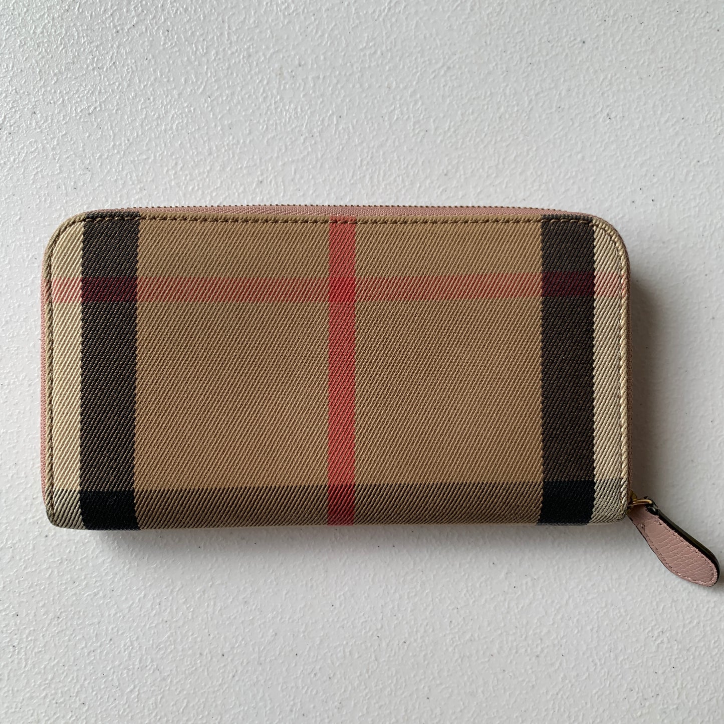 Burberry check and pink leather zipper around wallet authentic with COA