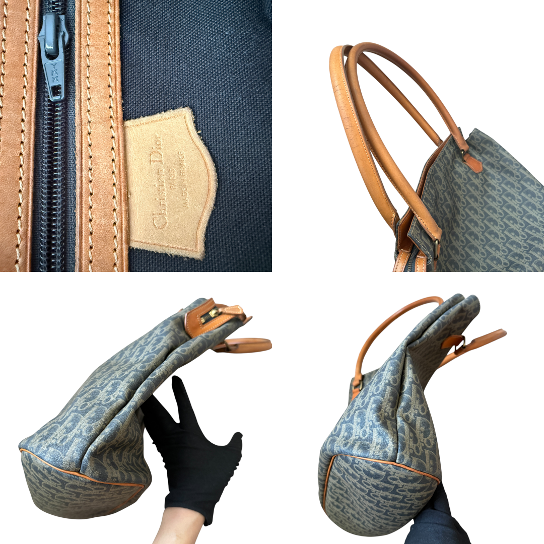Dior vintage blue oblique cavas and leather shoulder bag authentic with COA 13x