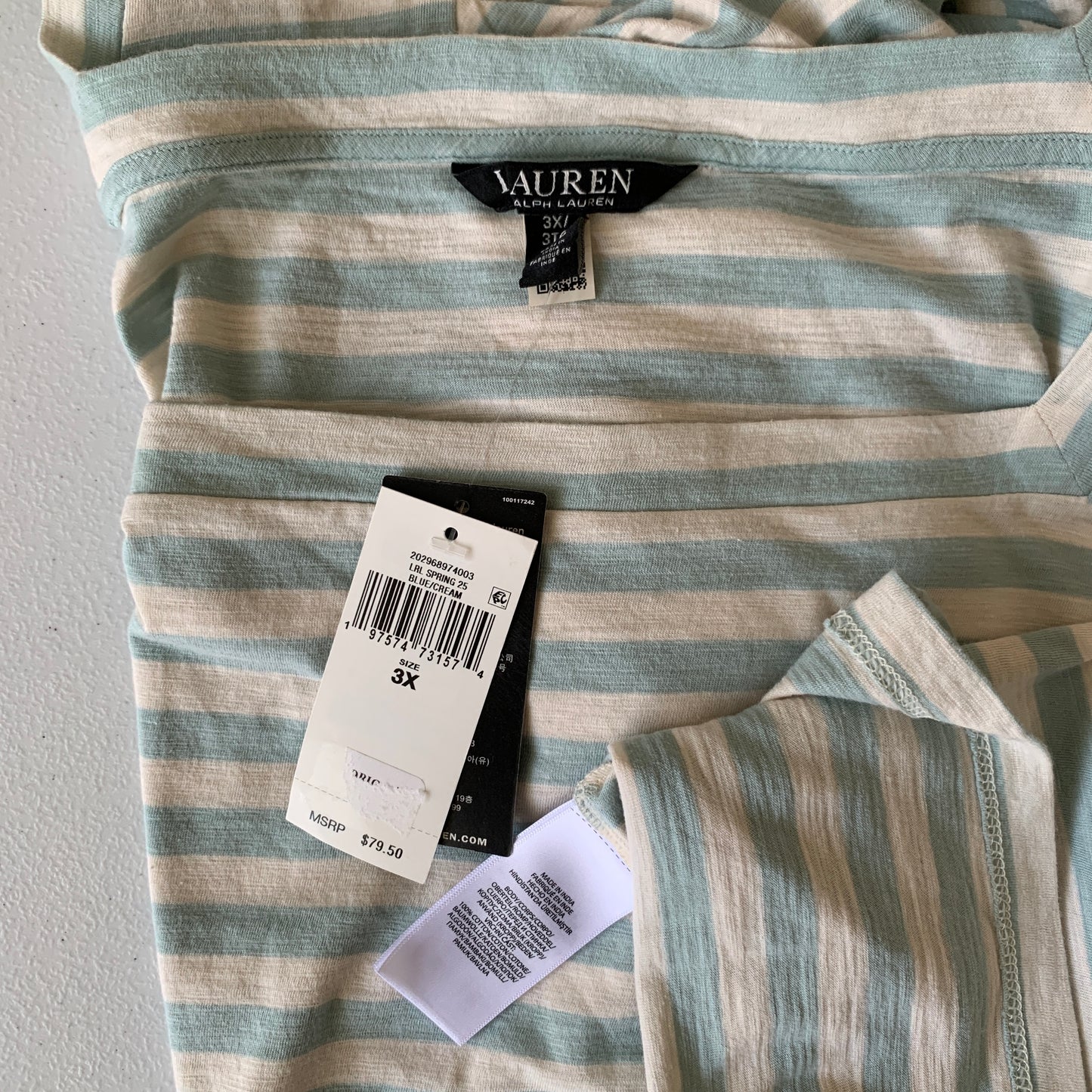 Lauren Ralph Lauren plus size women’s NWT striped cream blue t shirt 3XL