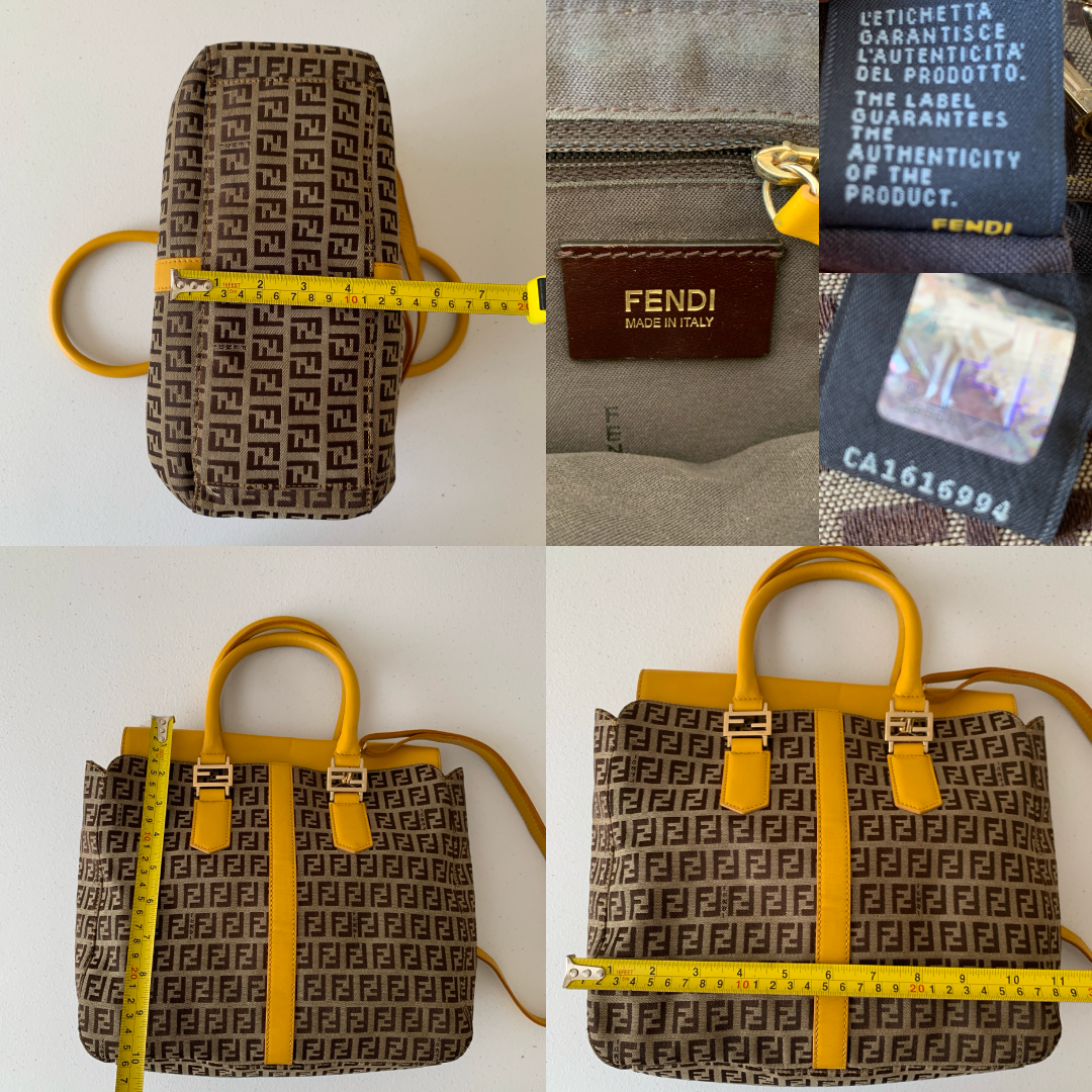Fendi zucchini monogram canvas and yellow leather bag Authentic with COA and cr