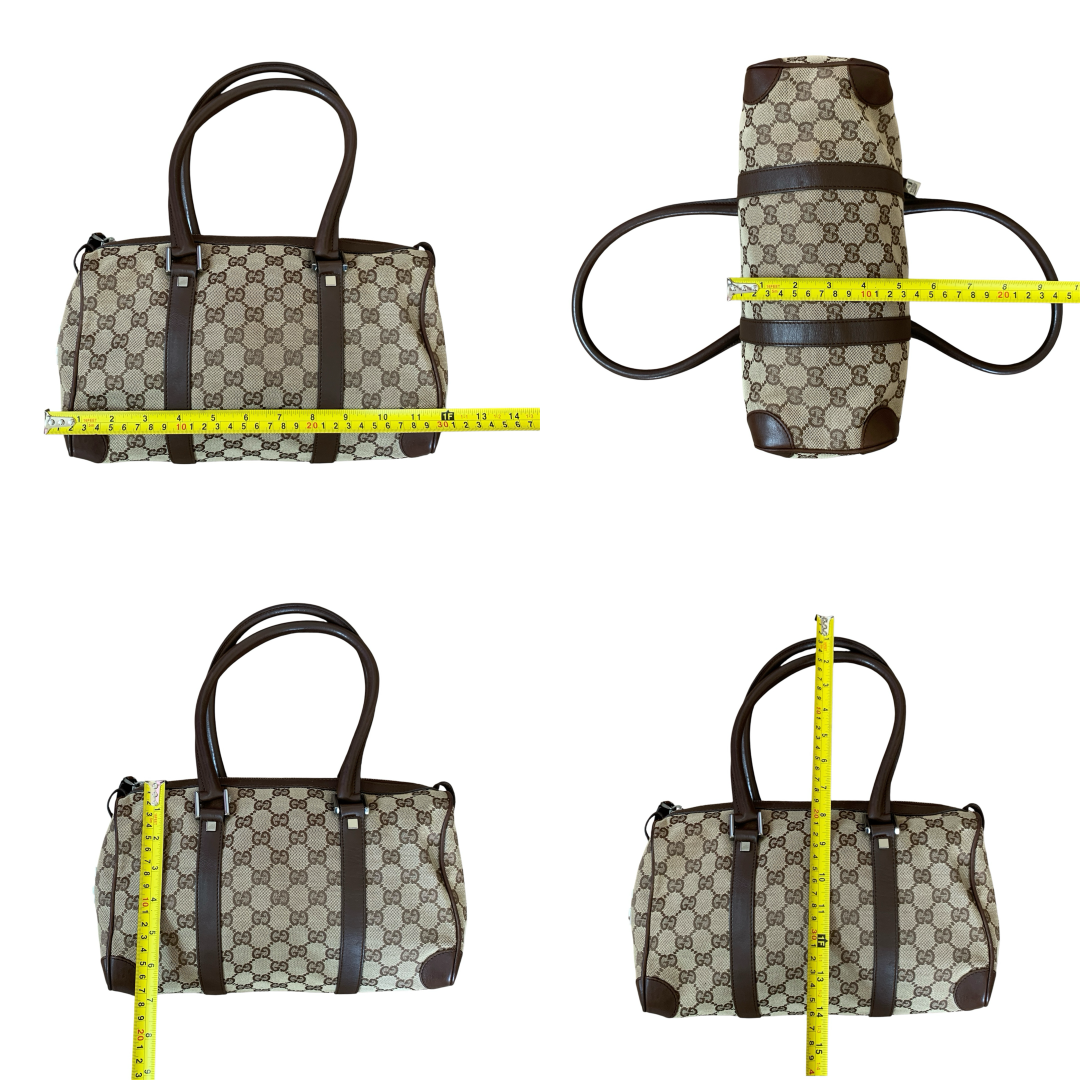 Gucci monogram canvas and brown leather Boston bag authentic with COA and dust