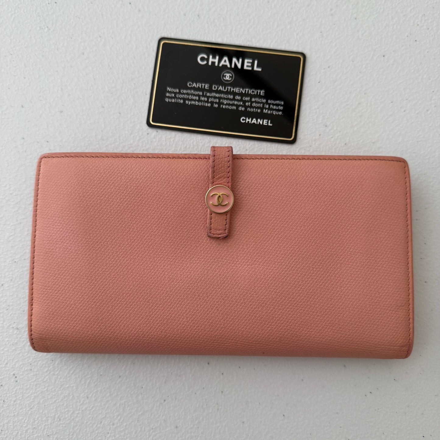 Chanel coco button pink Long leather wallet authentic with COA and guarantee card