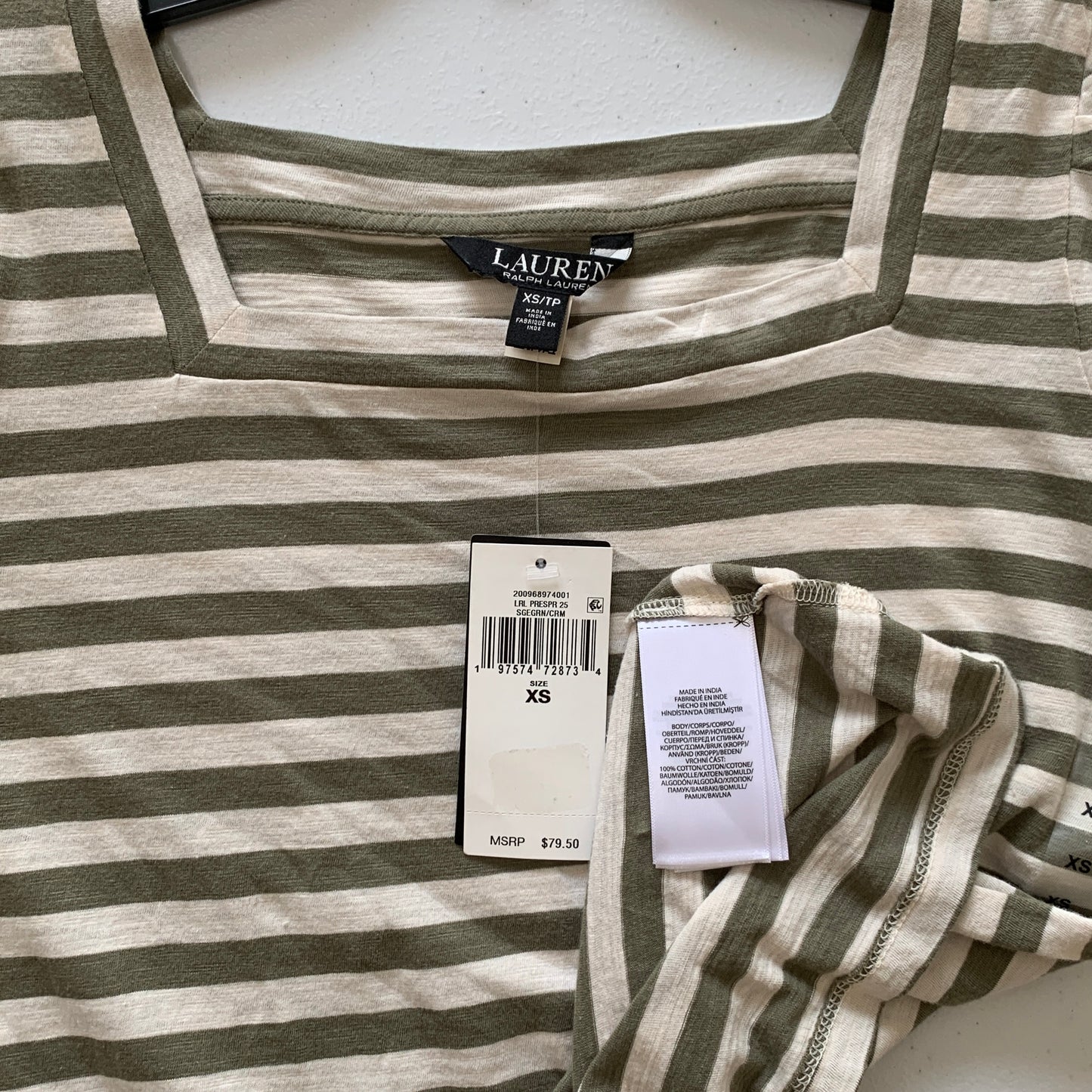Lauren Ralph Lauren Women’s NWT green cream striped t shirt size XS