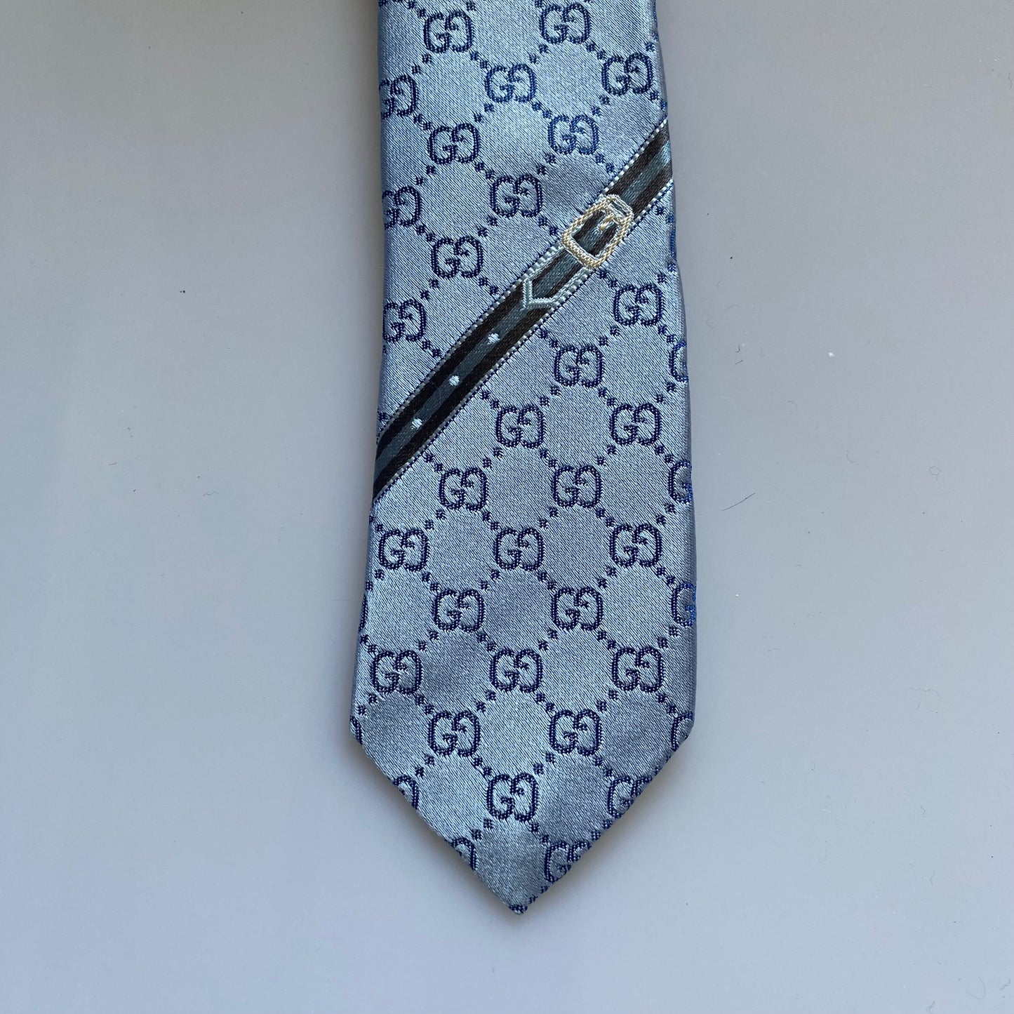 Gucci GG monogram blue silk neck tie Authentic with coa