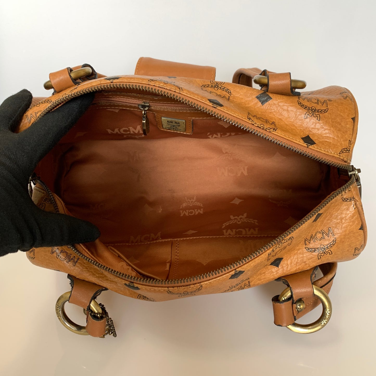 MCM cognac visetos barrel shoulder bag Authentic with COA