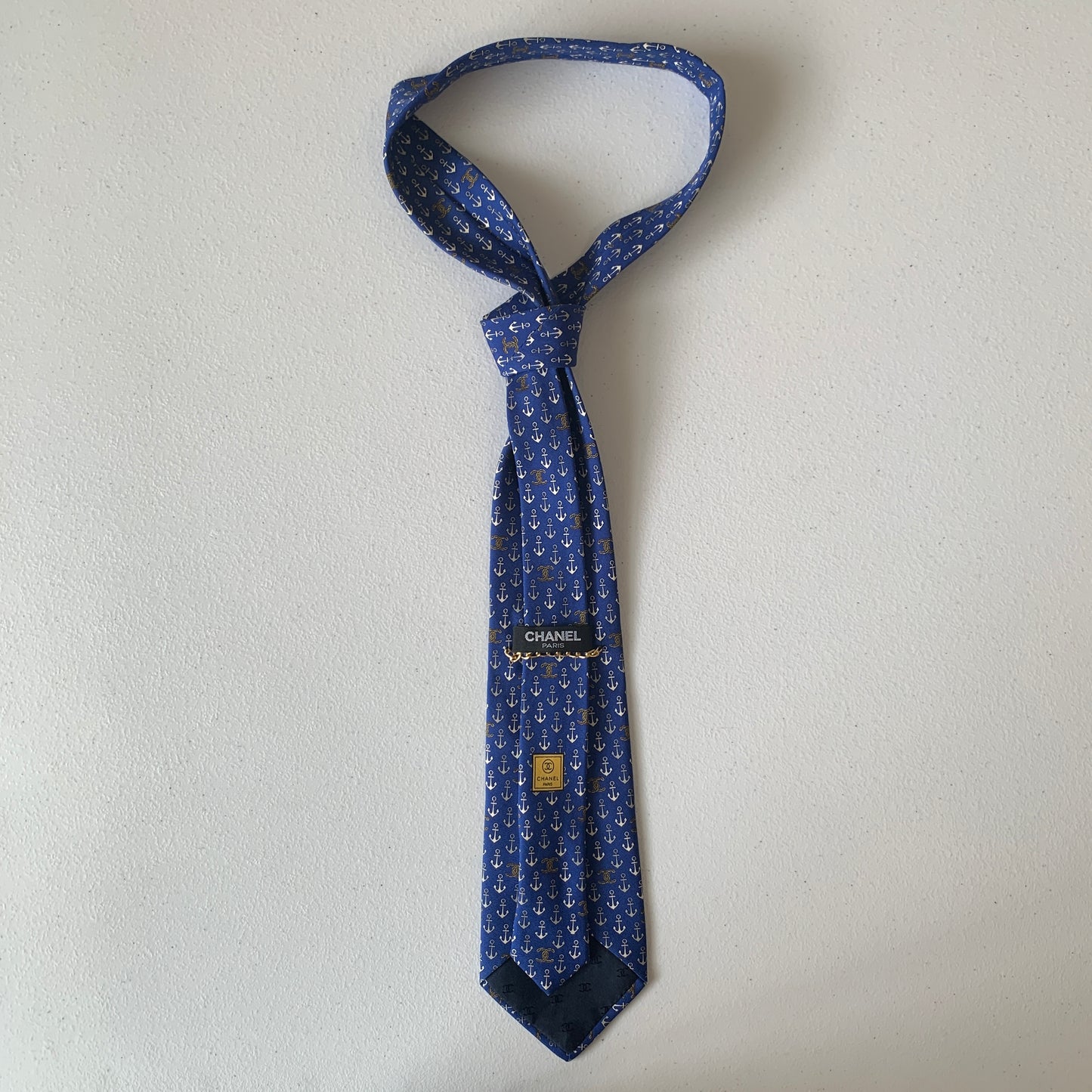 Chanel Coco mark Anchor blue silk Neck tie authentic with COA