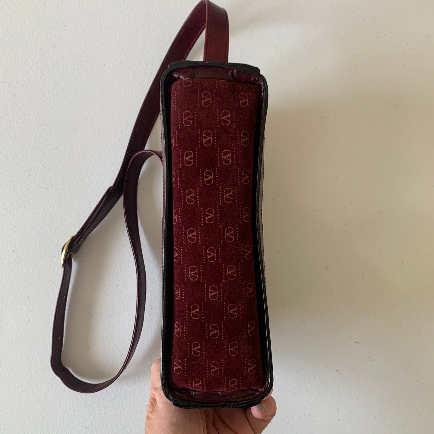 Valentino Garavani full V logo burgundy suede leather crossbody bag authentic with COA 10x6x2.9