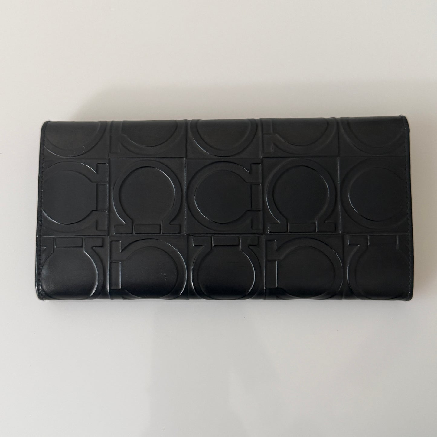 Salvatore Ferragamo Gancini full logo black leather long wallet authentic with