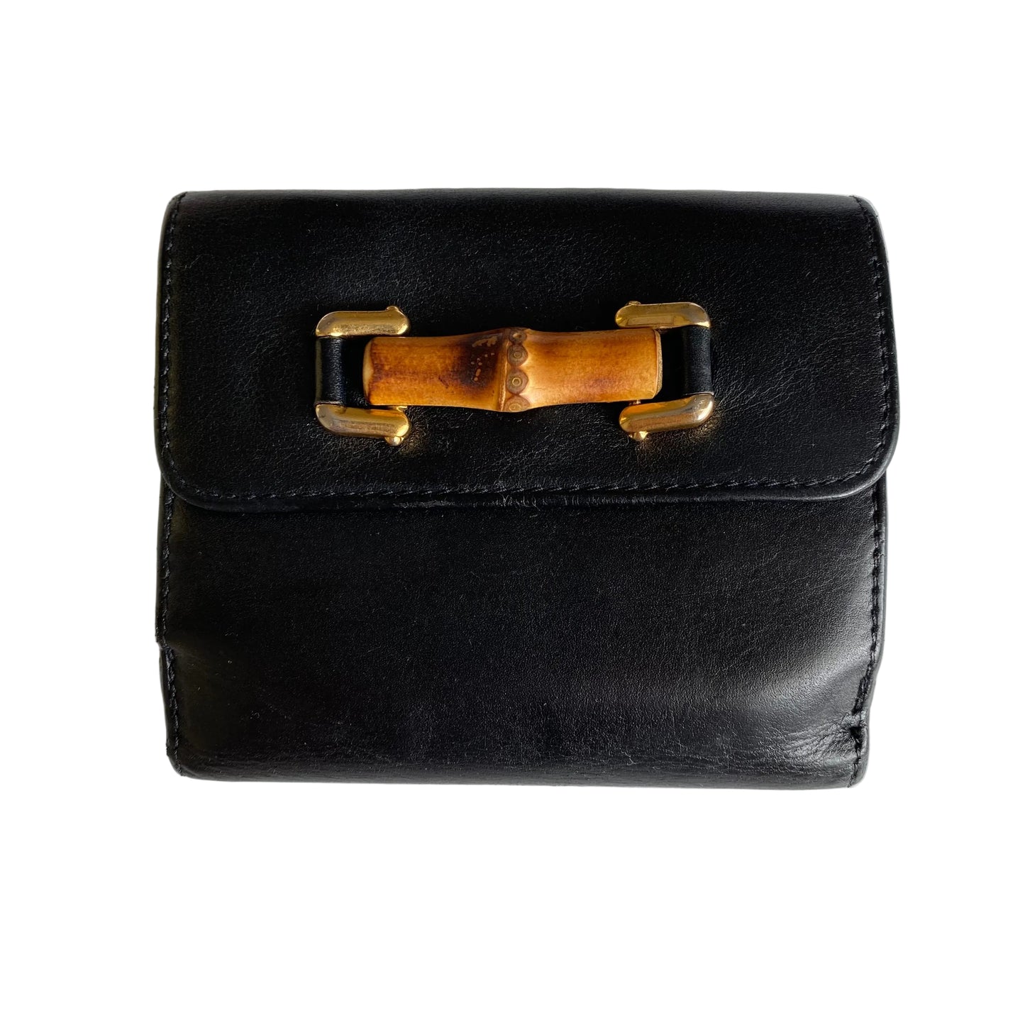 Gucci bamboo black leather compact wallet authentic with coa