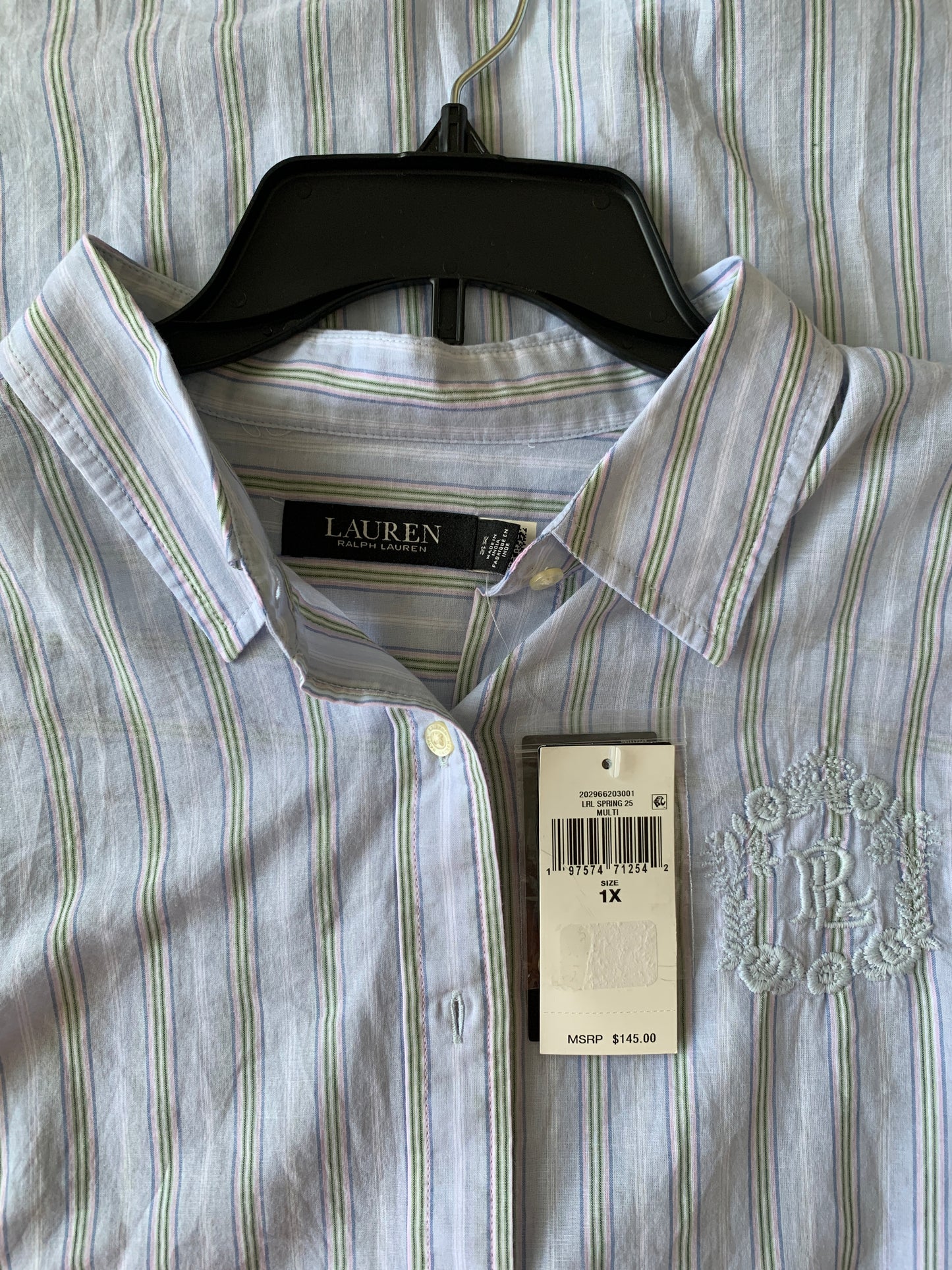 Lauren Ralph Lauren Women’s NWT plus size 1X blue stripe embroidered shirt