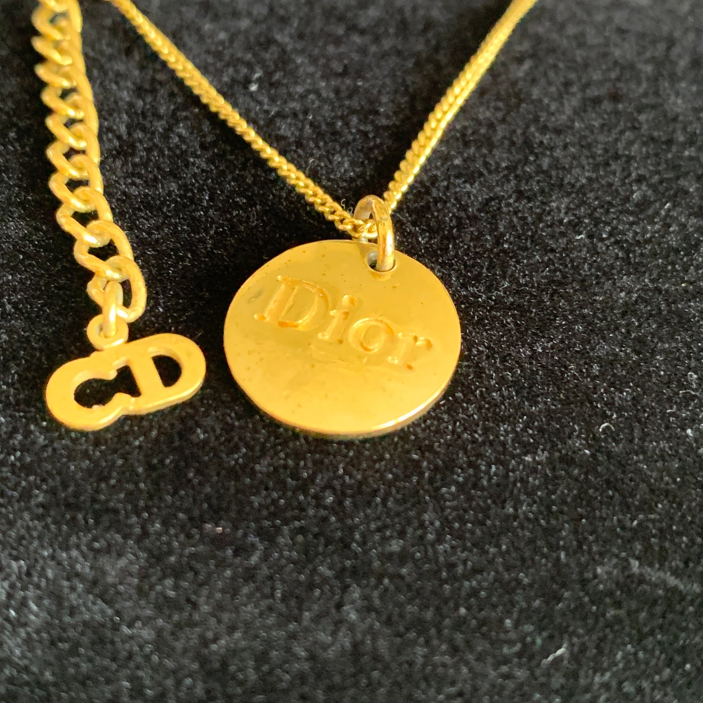 Christian Dior logo round pendant gold plated necklace authentic with COA