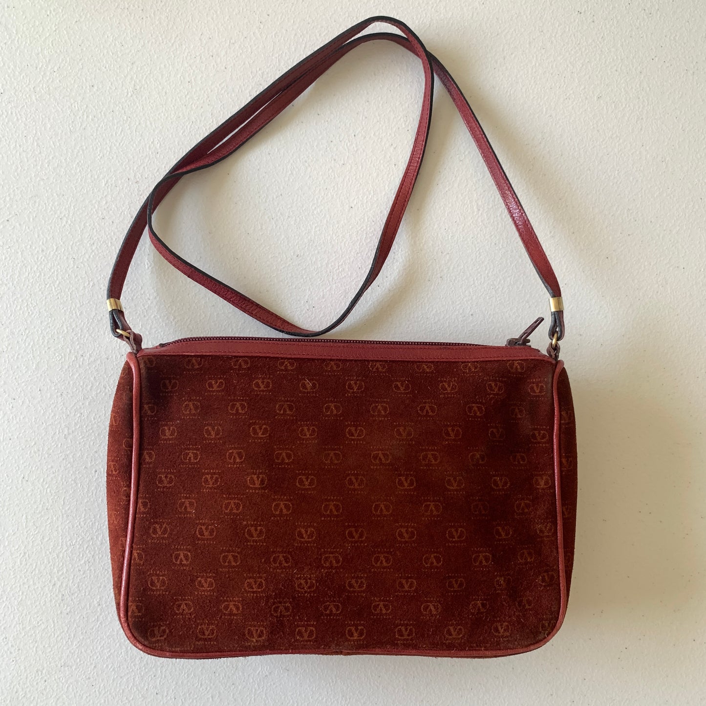 Valentino V logo burgundy suede leather crossbody bag Authentic with COA