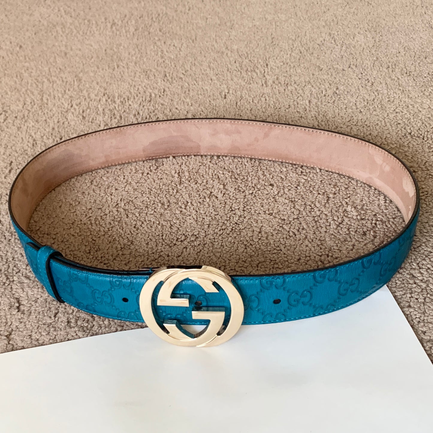 Authentic Gucci GG monogram brilliant blue leather belt