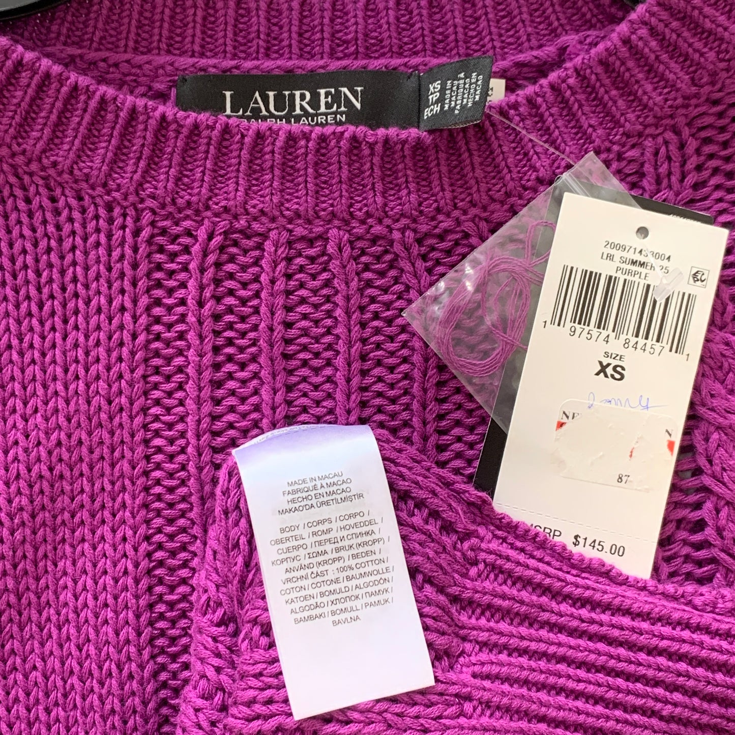 Lauren Ralph Lauren women’s NWT purple long sleeve cotton sweater size XS