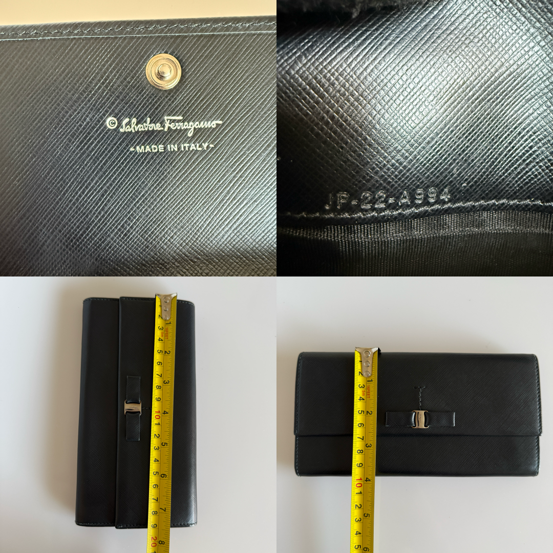 Salvatore Ferragamo vara bow black leather long wallet authentic with COA