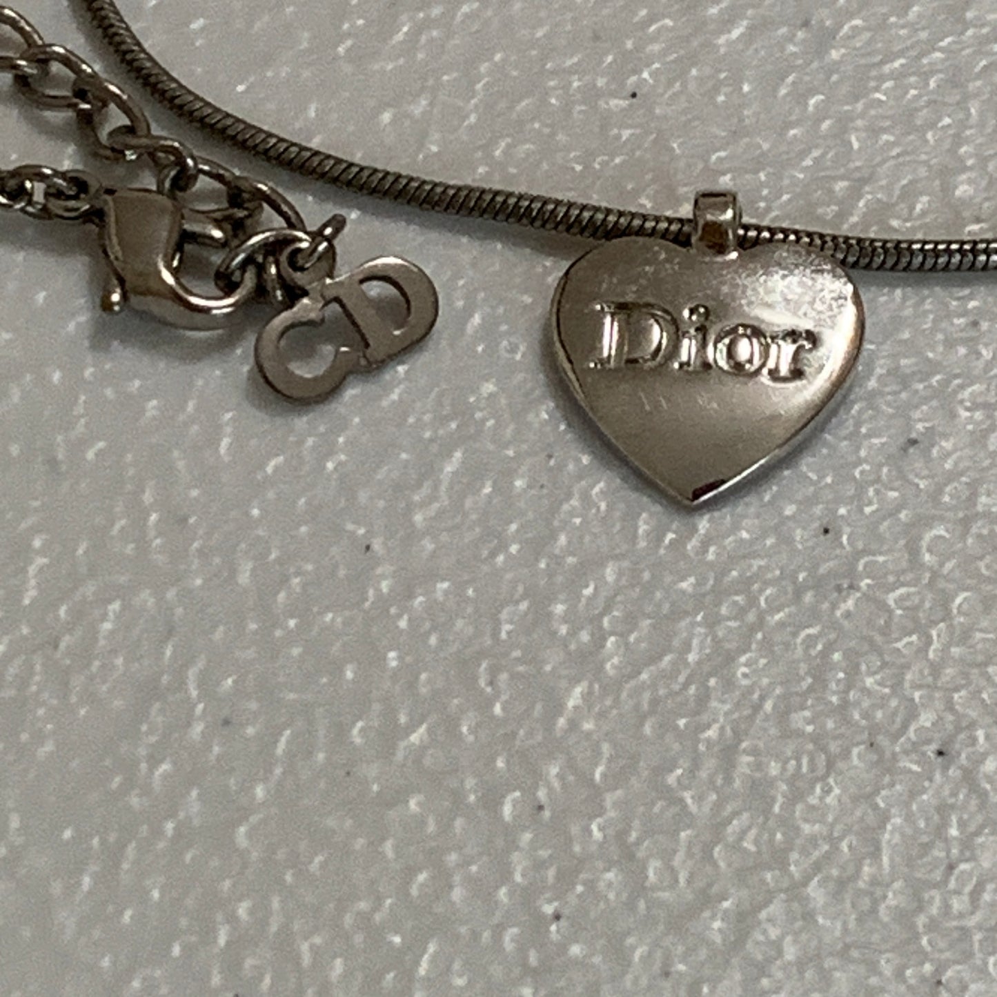 Christian Dior silver tone heart tag adjustable Necklace authentic with COA box dusty