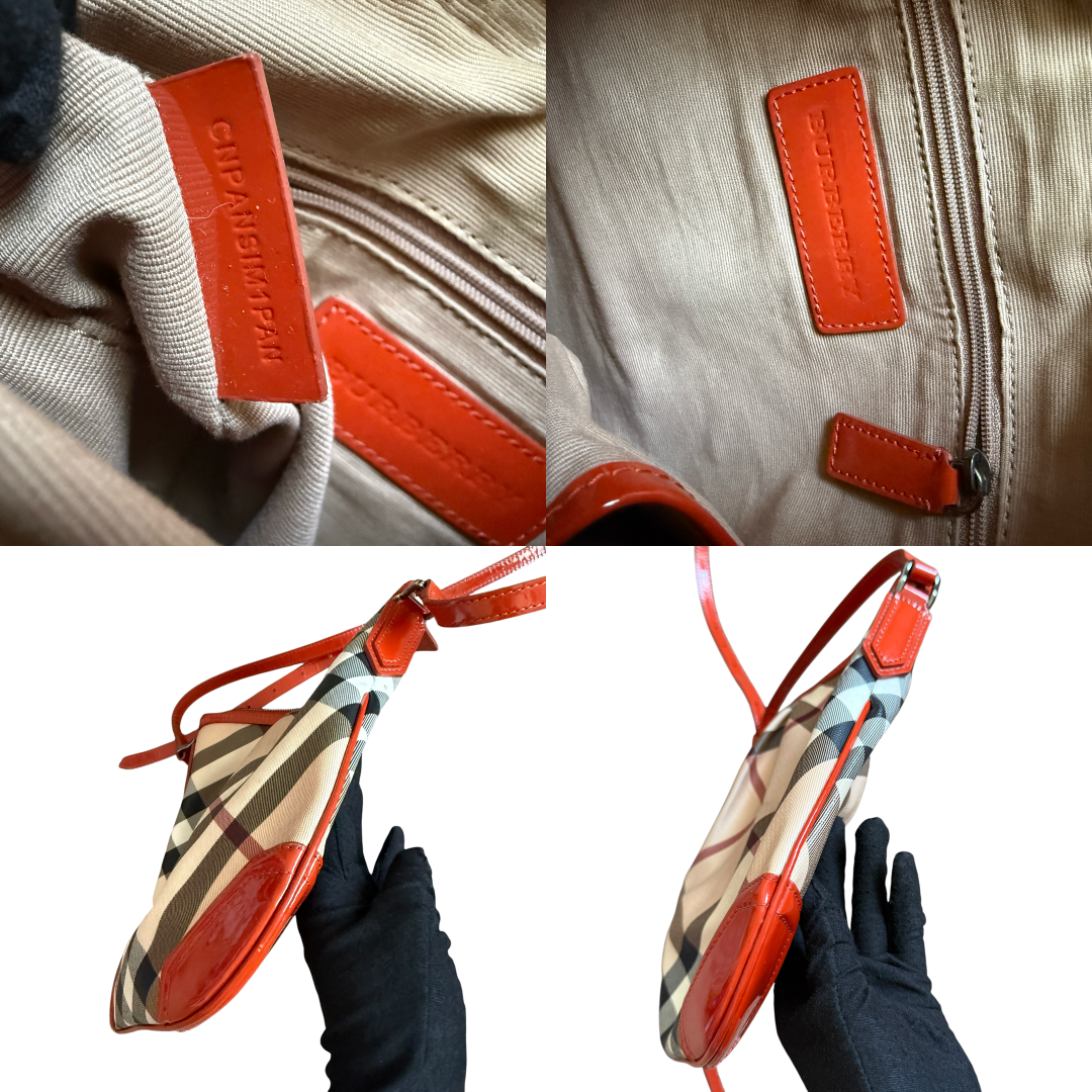 Burberry nova check canvas orange leather crossbody bag authentic w/ COA 10x11x