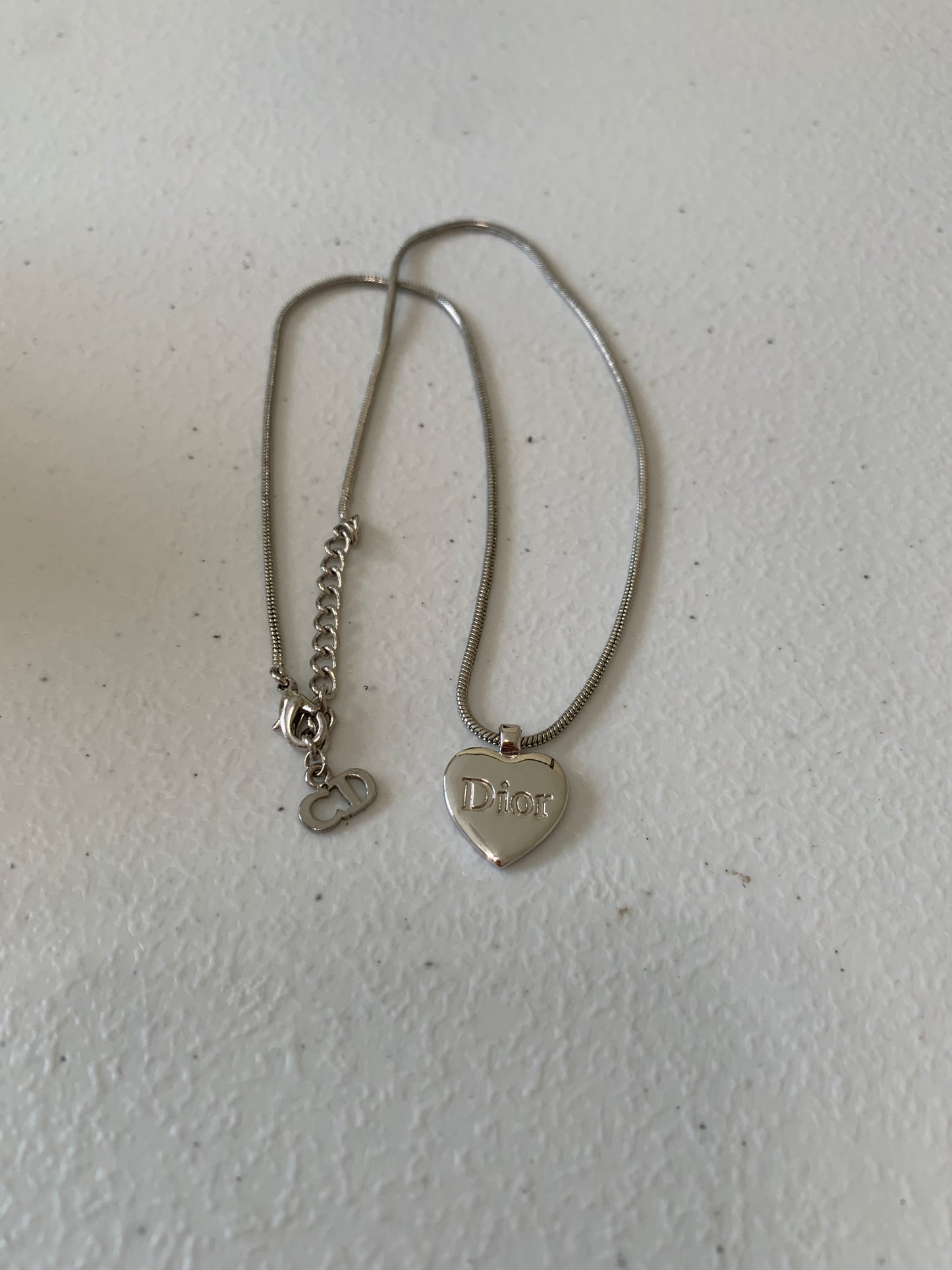 Christian Dior heart tag logo silver tone necklace authentic with COA