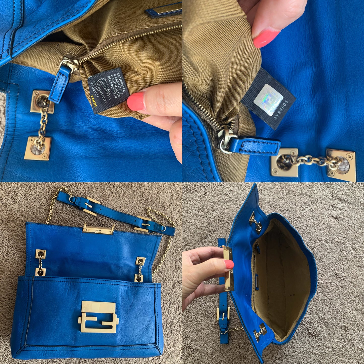 Authentic Fendi 2 way baguette chain blue leather bag with dust bag and COA