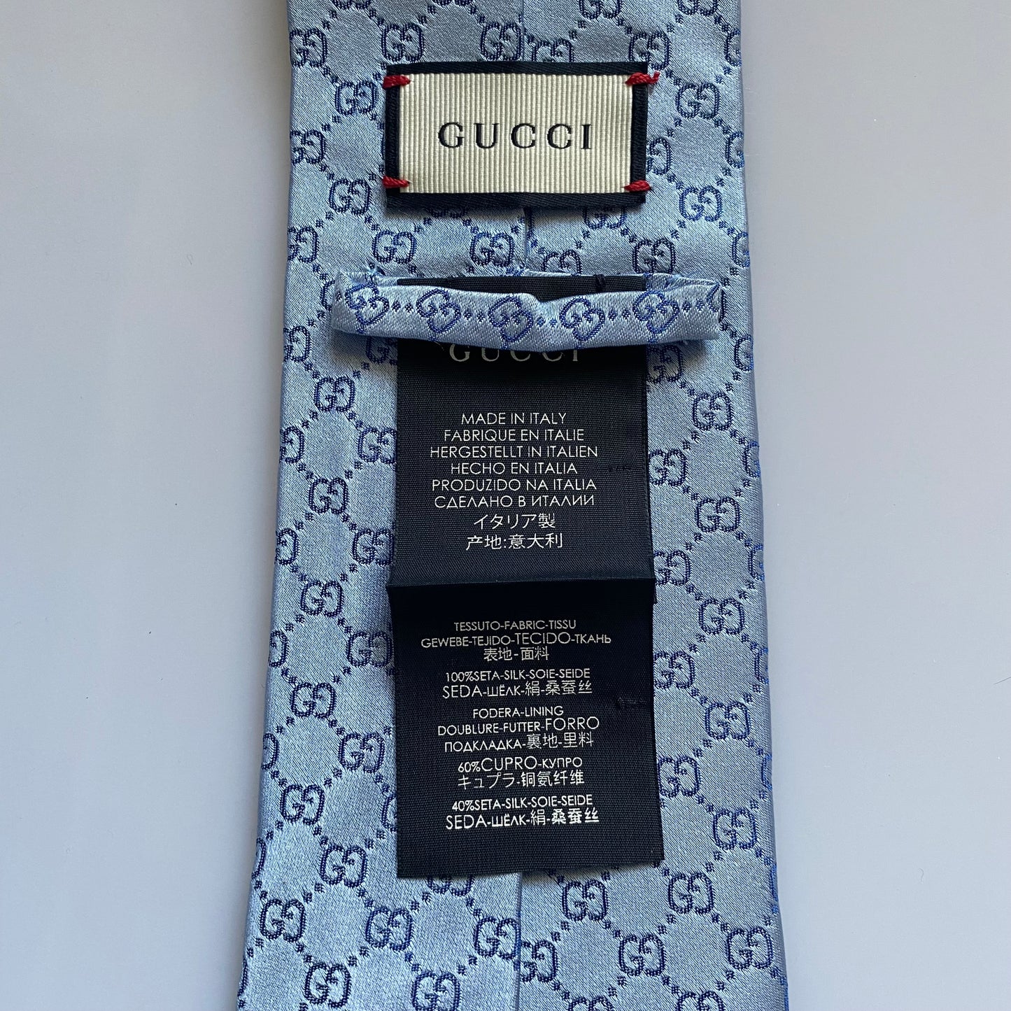Gucci GG monogram blue silk neck tie Authentic with coa