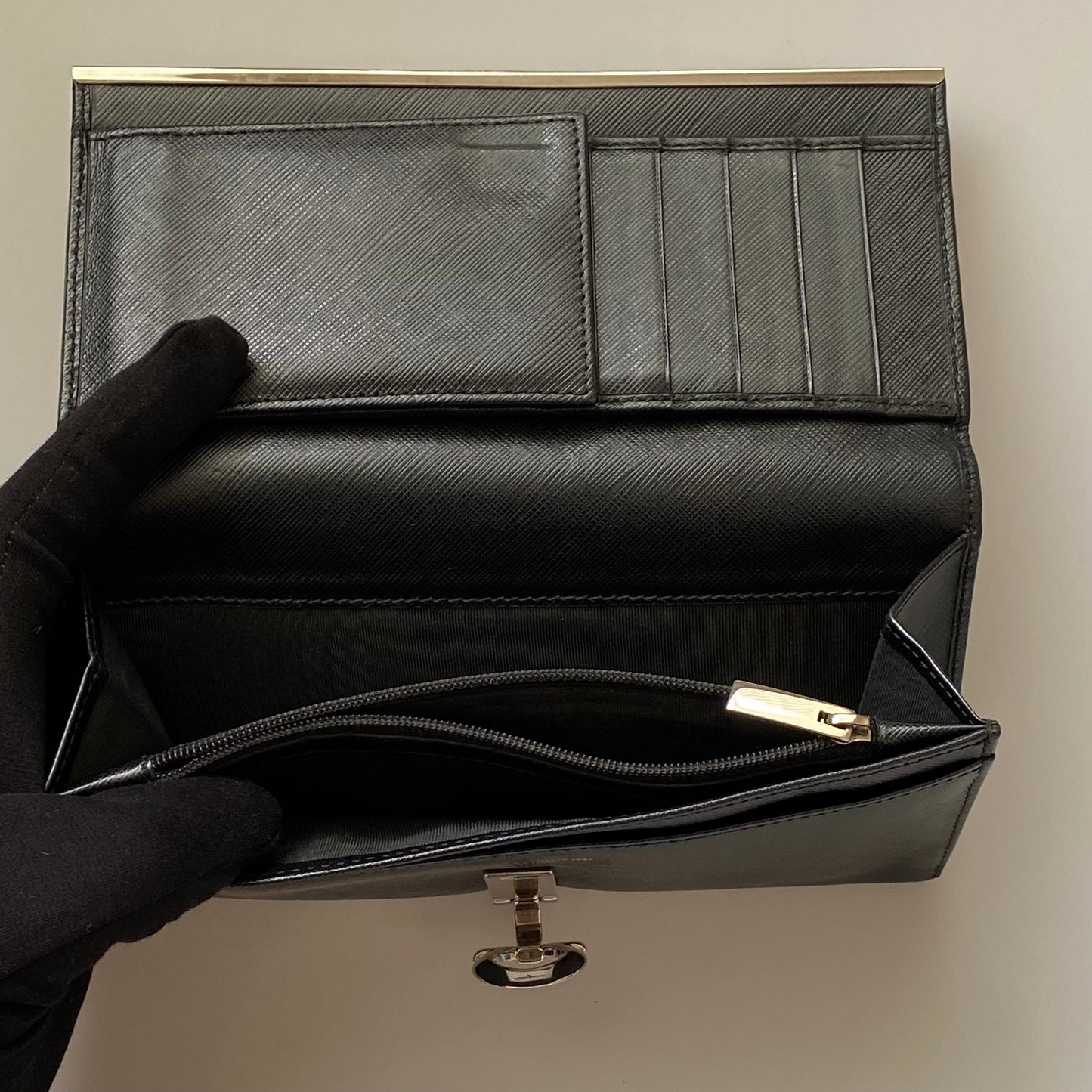 Salvatore Ferragamo silver gancini black leather long wallet authentic with coa