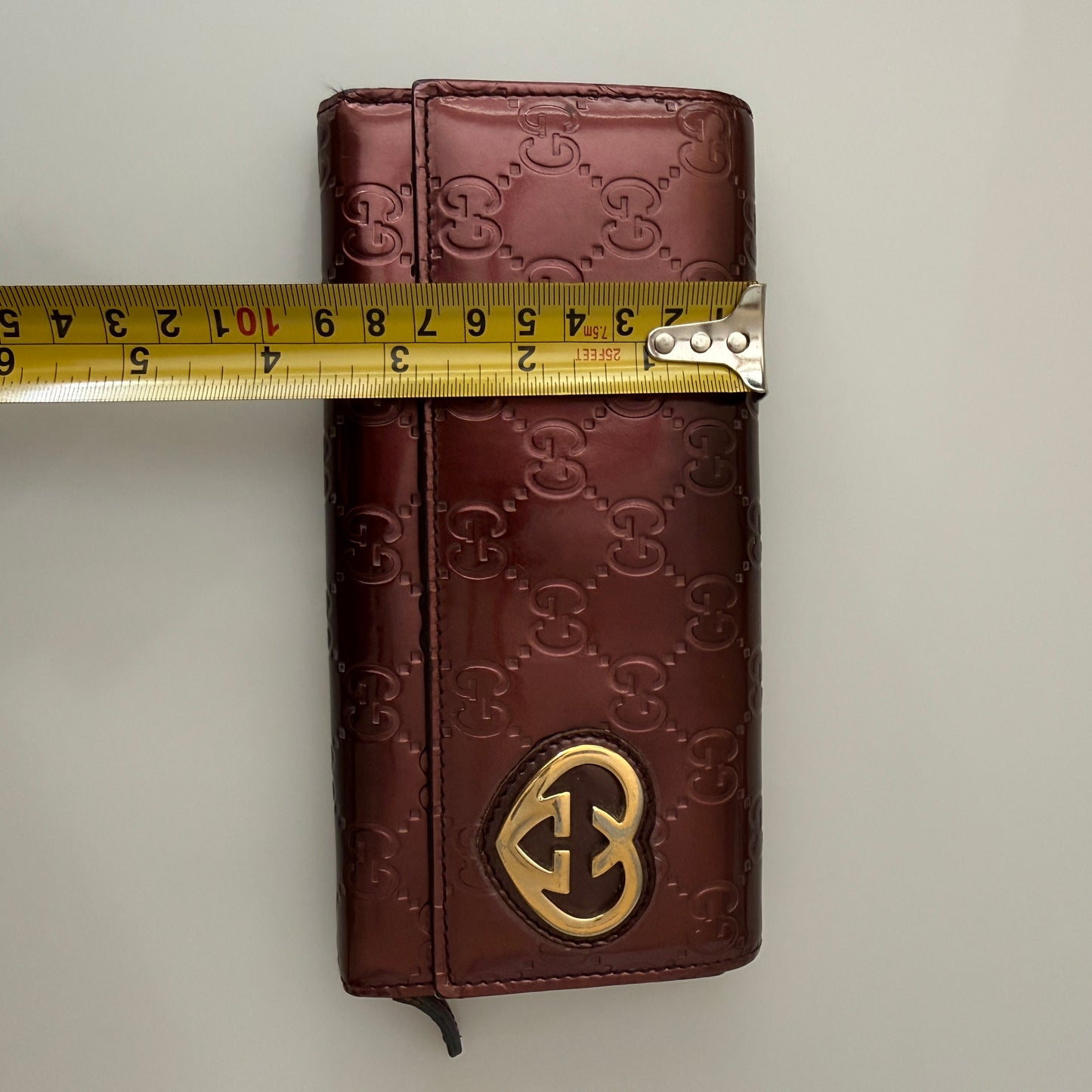 Gucci monogram guccissima metallic burgundy heart long wallet authentic with CO