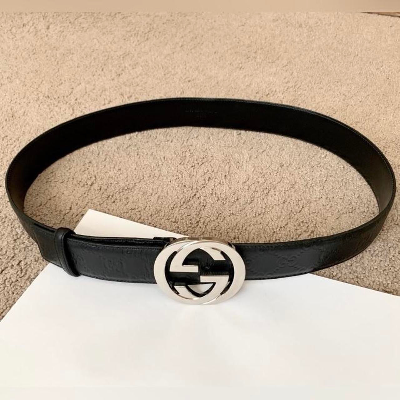 Authentic GUCCI unisex signature monogram black leather belt with silver interlocking buckle