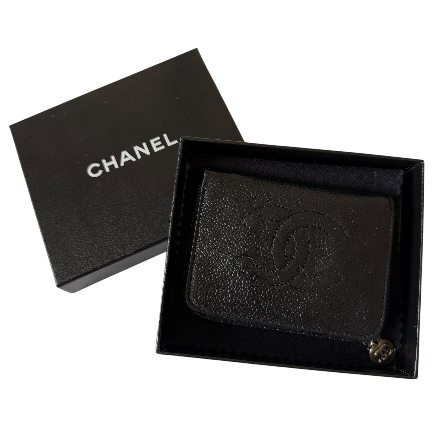 Chanel caviar zipped key holder black leather wallet Authentic with COA box