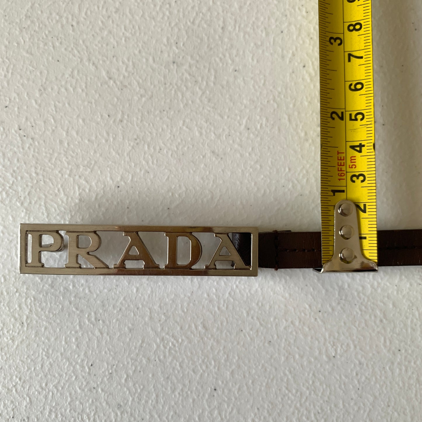 Prada silver logo brown leather belt Authentic with COA size 34 inch 85 cm