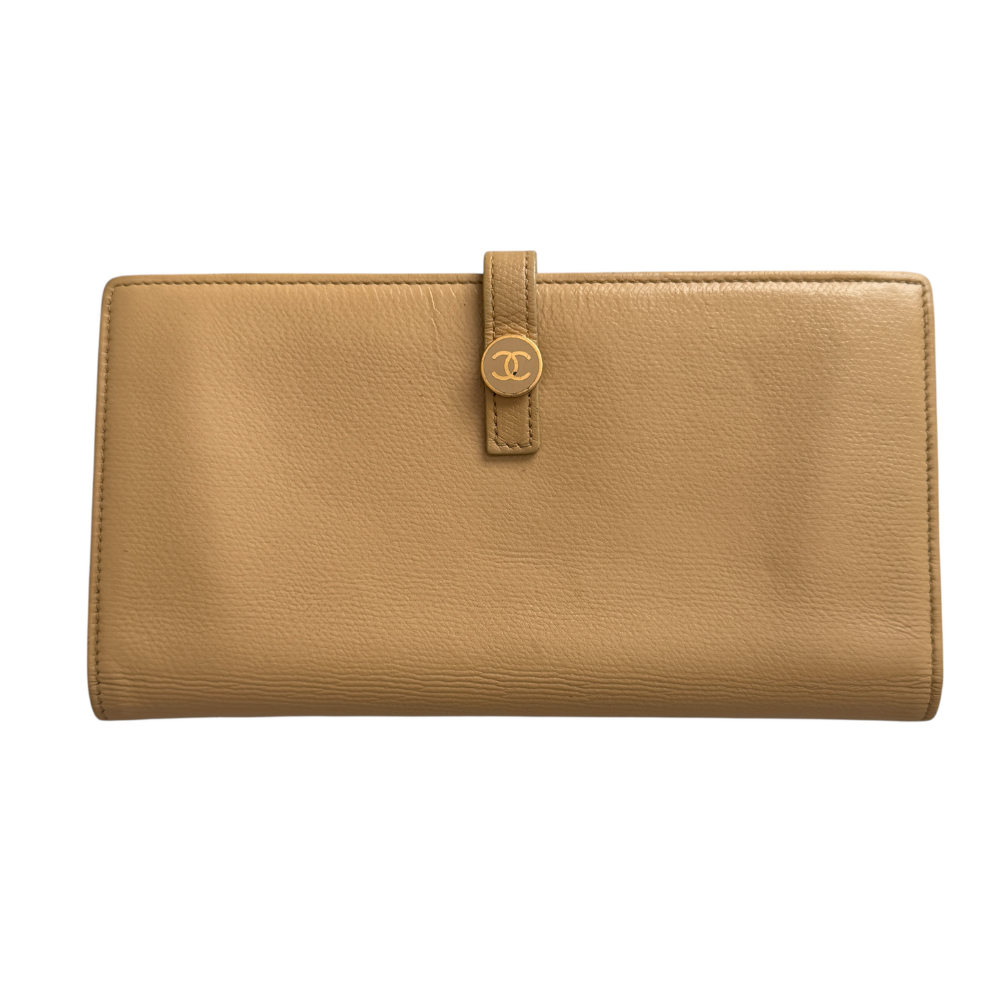 Chanel coco button beige leather long wallet authentic with COA and box