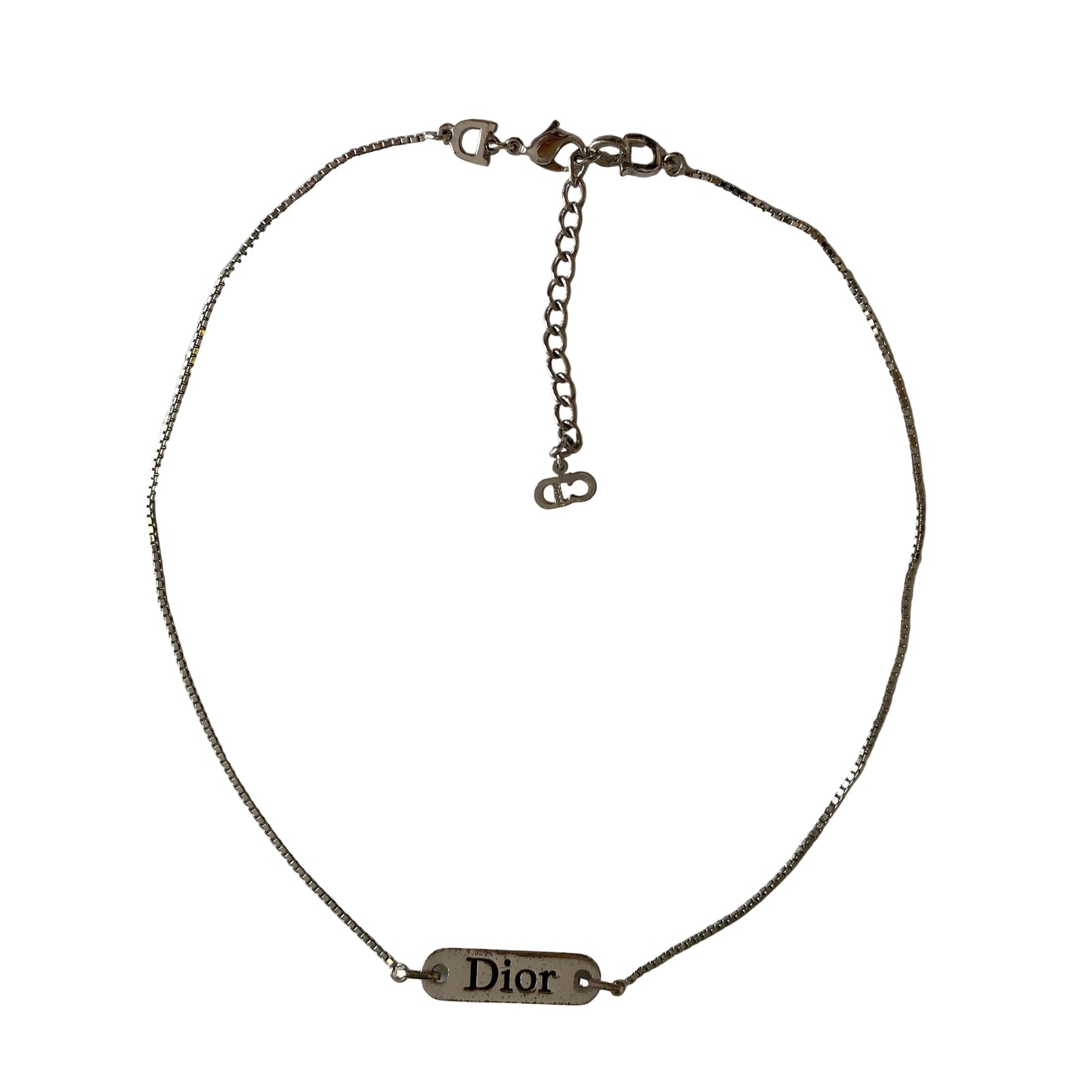 Dior silver tone logo plate adjustable necklace Authentic with COA