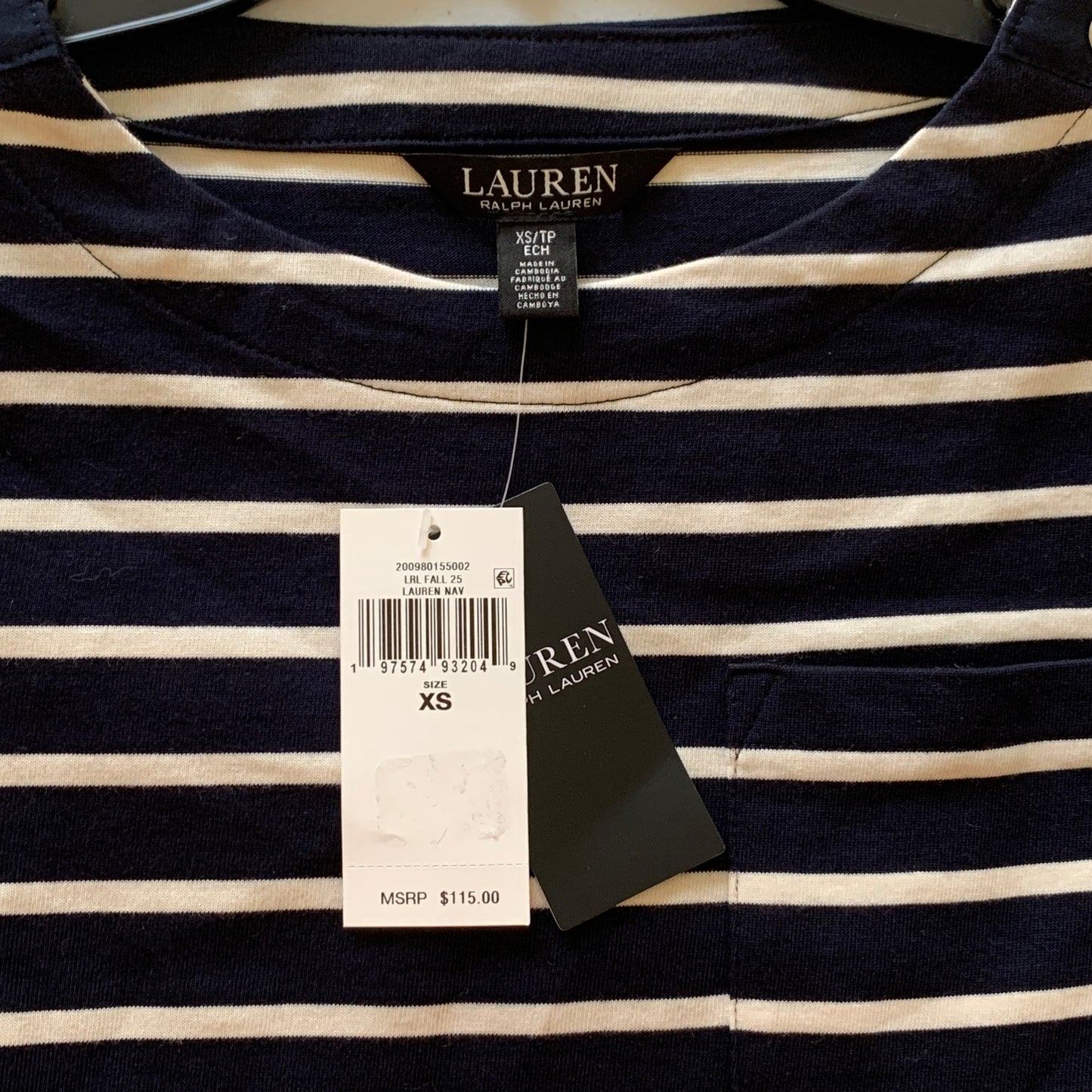Lauren Ralph Lauren Women’s NWT Navy blue Cream striped 3/4 sleeve shirt XS & S