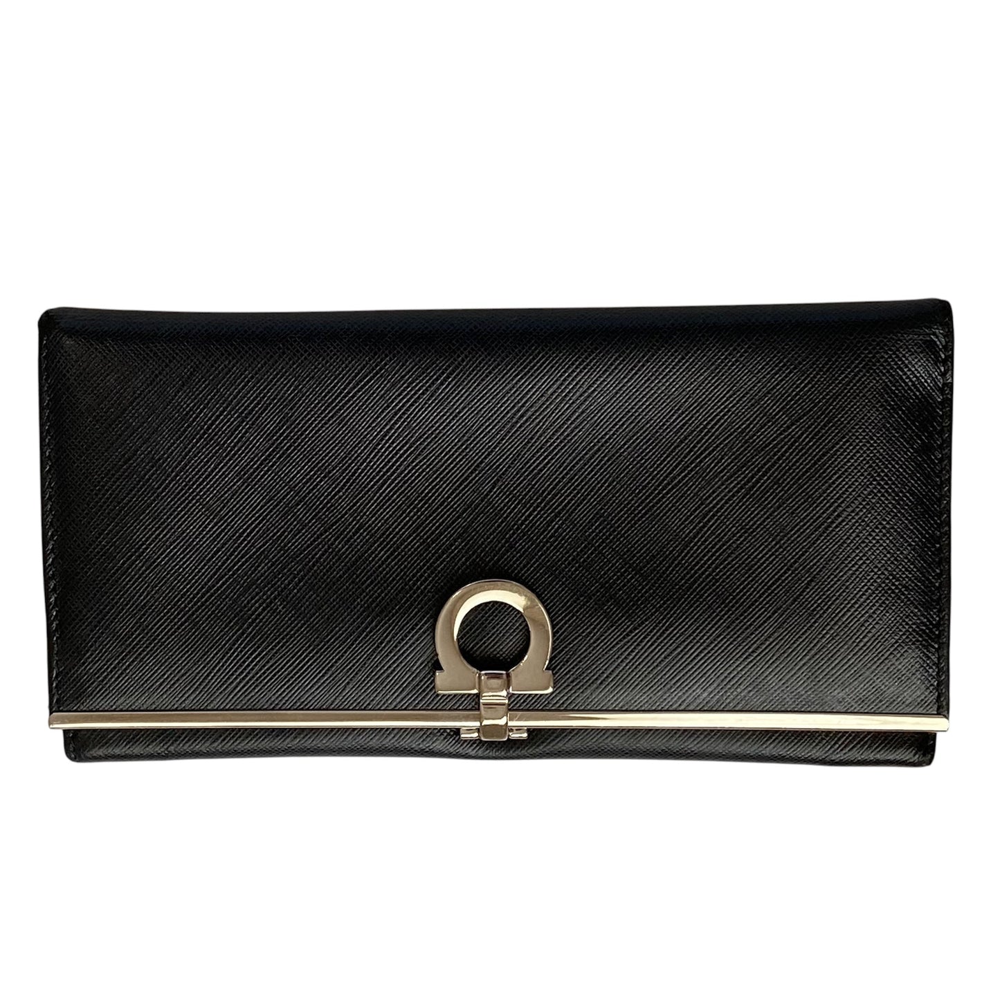 Salvatore Ferragamo silver gancini black leather long wallet authentic with coa