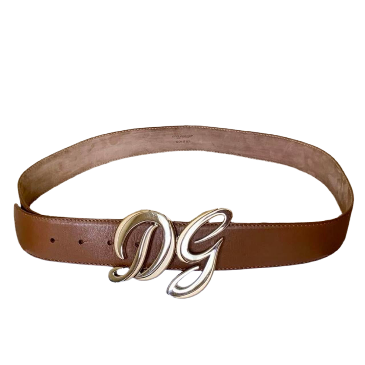 Authentic Dolce & Gabbana first line unisex brown leather belt with silver and gold toned buckle 95 cm/38 inch
