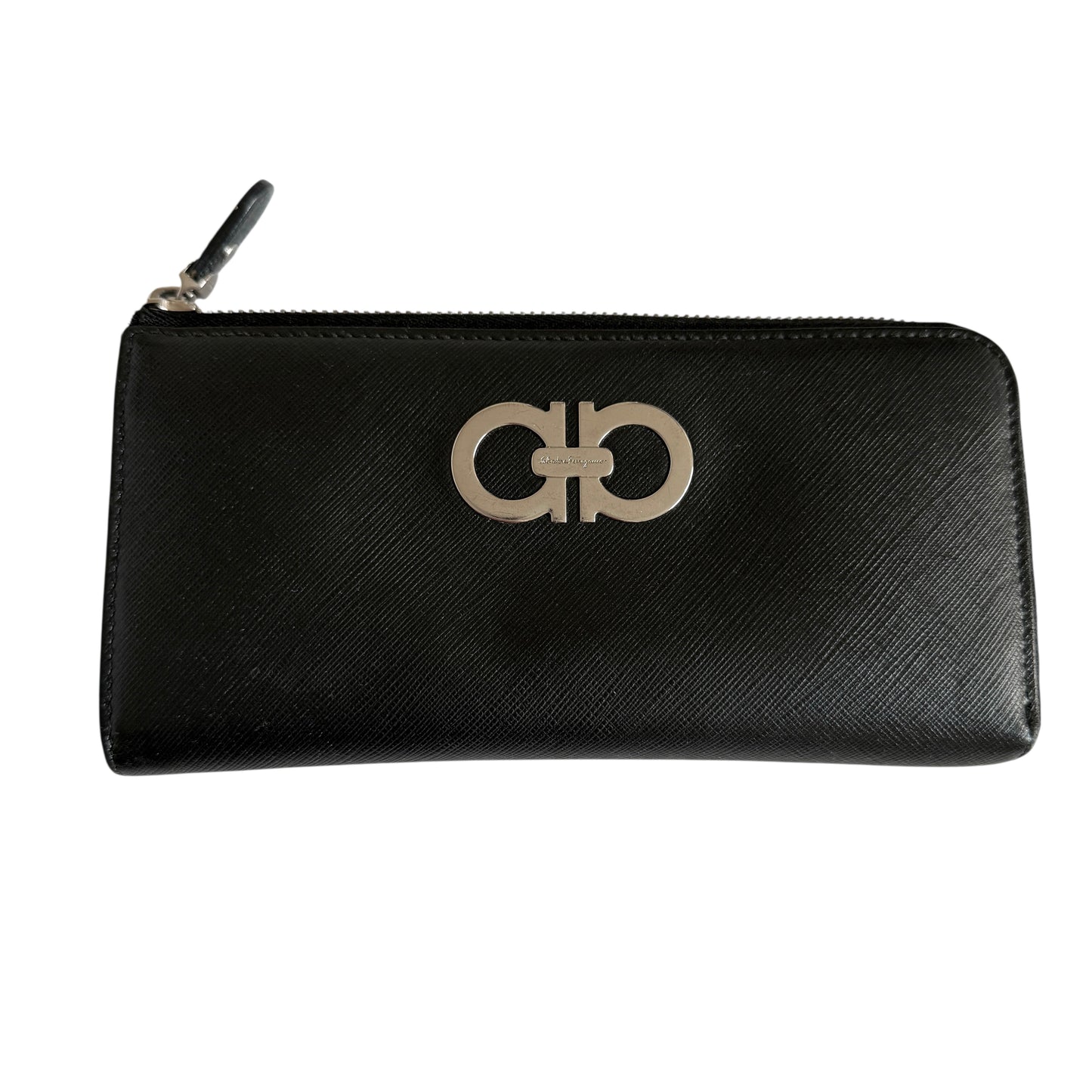 Salvatore Ferragamo Gancini black leather long zip around wallet authentic with COA