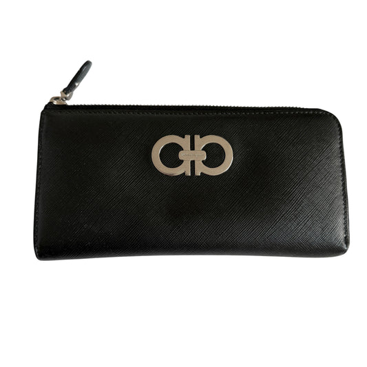Salvatore Ferragamo Gancini black leather long zip around wallet authentic with COA