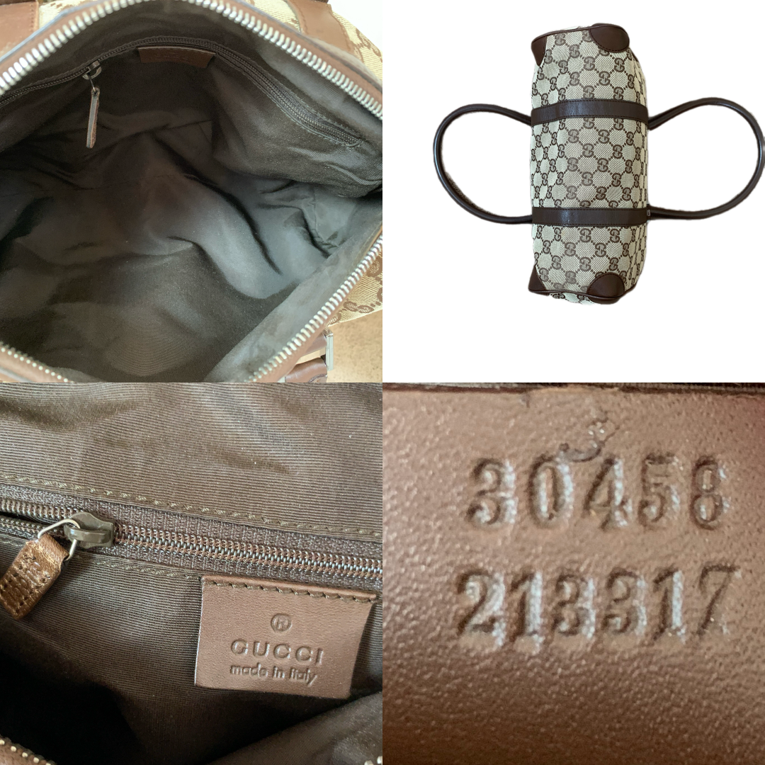 Gucci monogram canvas and brown leather Boston bag authentic with COA and dust