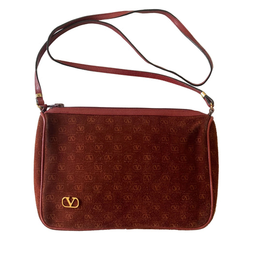 Valentino V logo burgundy suede leather crossbody bag Authentic with COA