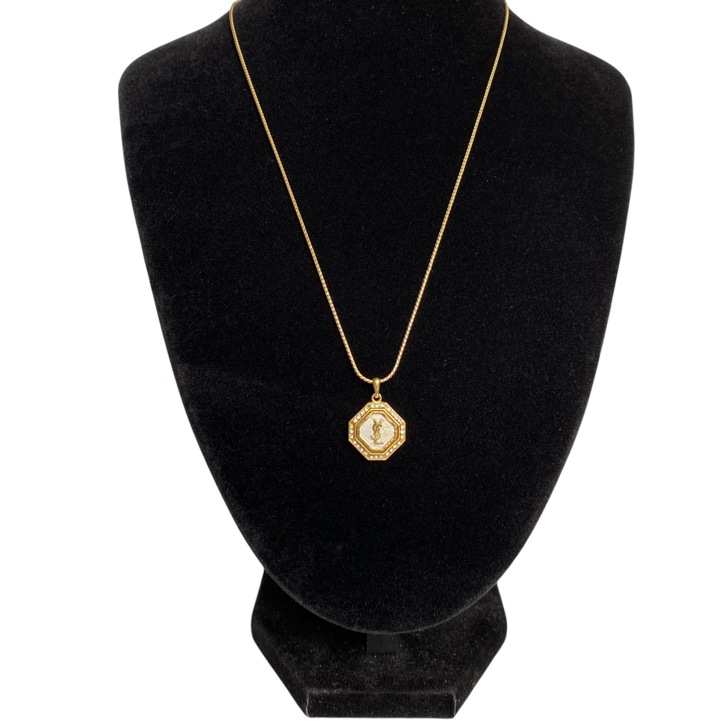Yves Saint Laurent YSL logo pendant adjustable gold plated necklace Authentic with COA