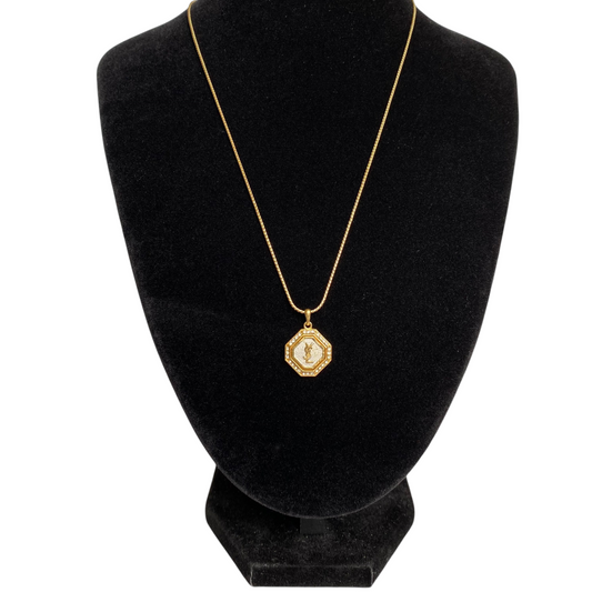 Yves Saint Laurent YSL logo pendant adjustable gold plated necklace Authentic with COA