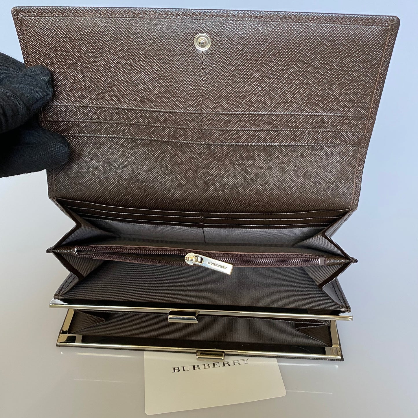 Burberry check brown Leather long wallet Authentic with COA