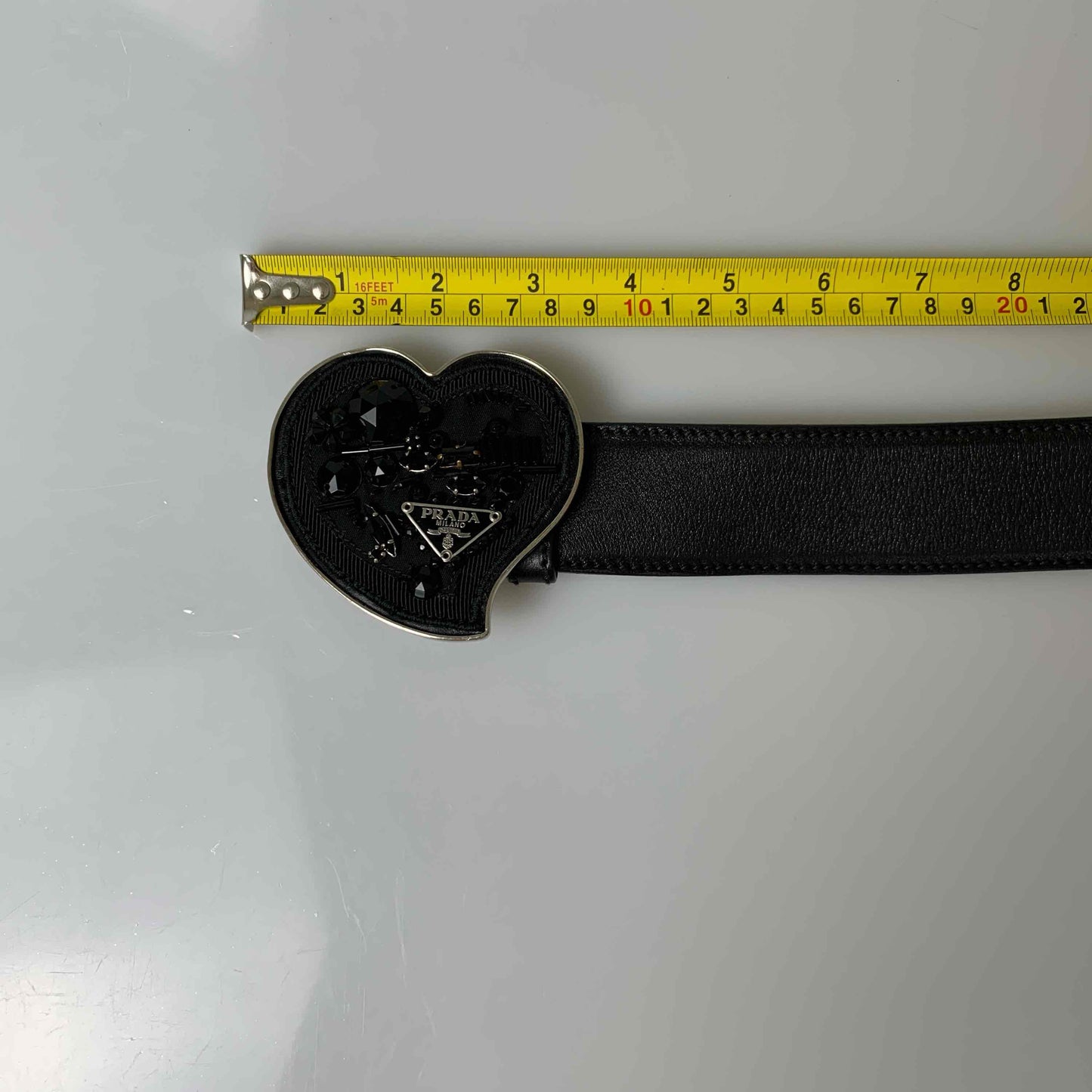 Prada heart triangle logo black leather belt authentic with COA 90 cm 36”