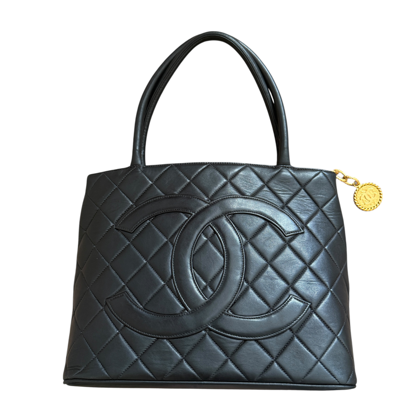 Chanel quilted black leather medallion shoulder tote bag with COA and guarantee
