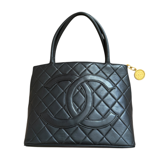 Chanel quilted black leather medallion shoulder tote bag with COA and guarantee